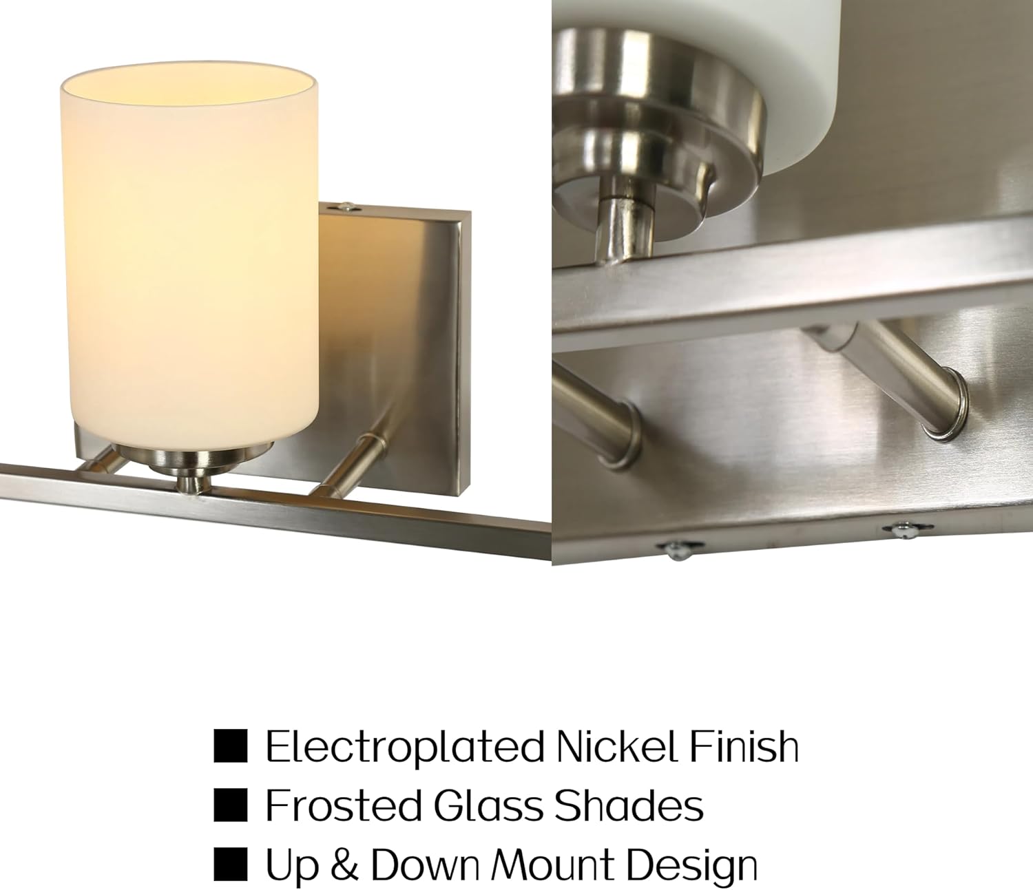 Bathroom Vanity Light Fixtures, 3-Light Electroplated Nickel Wall Light with Frosted Glass, Modern Wall Lamp Over Mirror, Picture & Gallery Lighting, Up/Down Mount