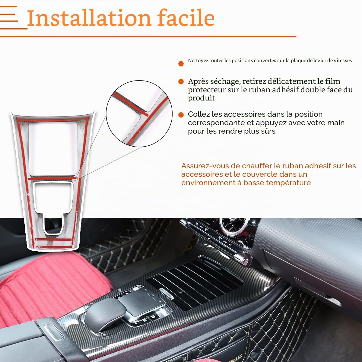 Cadre de protection de console centrale de voiture en ABS style fibre de carbone Garniture pour Benz Classe A W177 2019 Accessoires