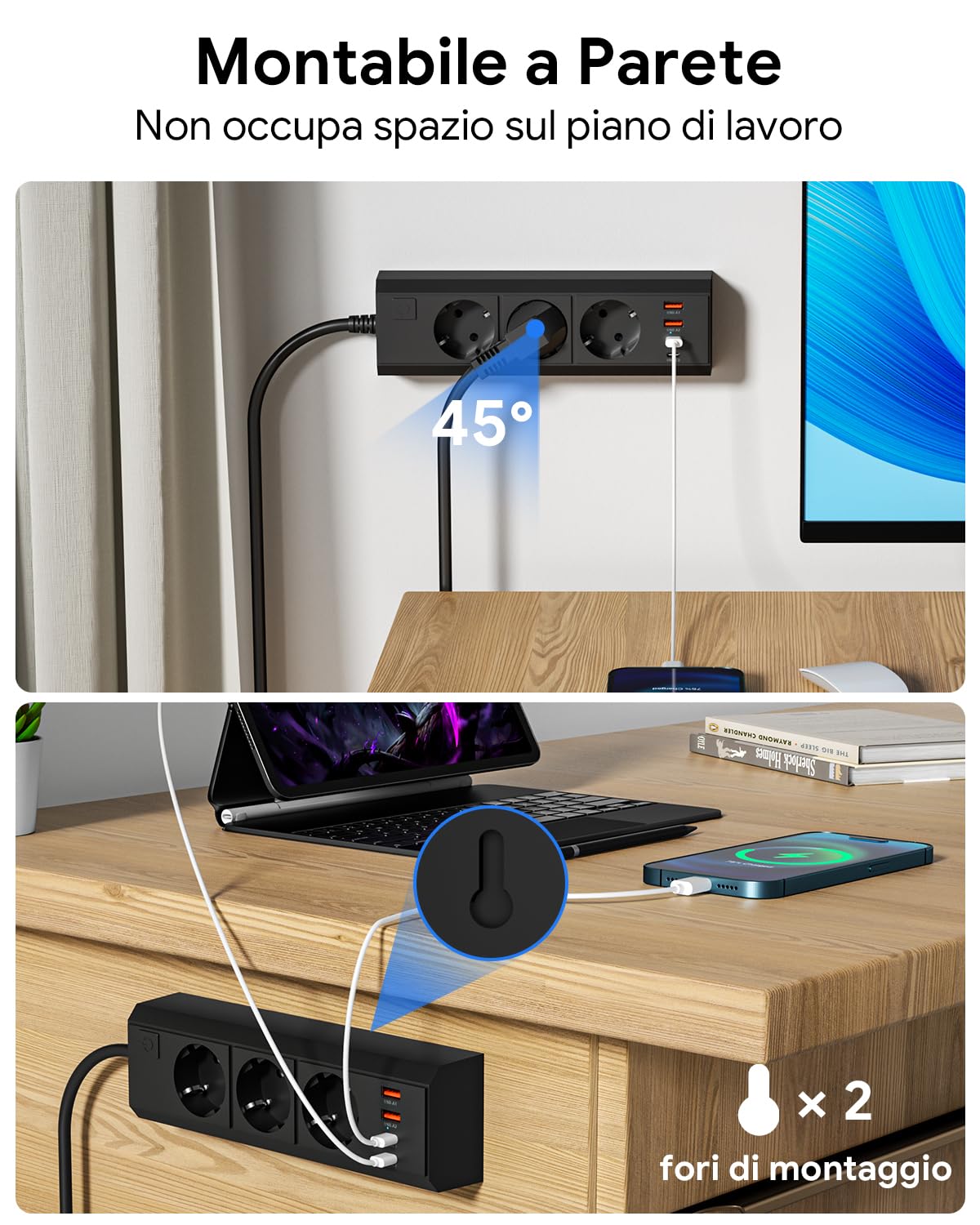 WENTONG Ciabatta Multipresa con 3 Schuko e 4 USB, Presa Multipla con Interruttore e 1.5 M Cavo, 2500W Multipresa da Scrivania Piatta 10A, per Ufficio, Famiglia, Cucina e Viaggio