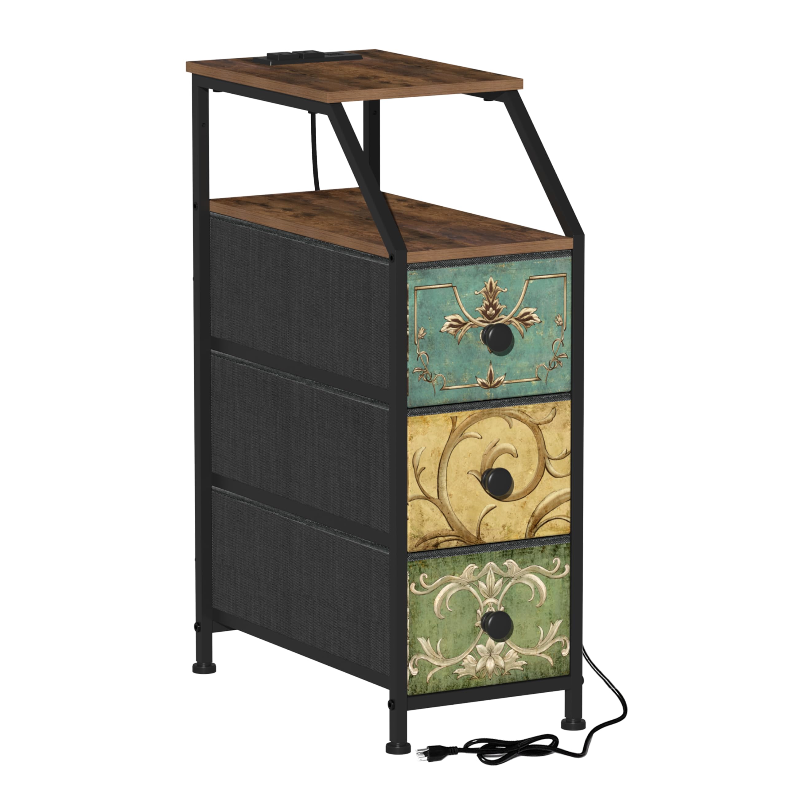 Tohomeor Narrow Dresser Tall Skinny Storage Tower Vertical Slim Chest of Drawers with Charging Station Small Nightstand Side Table for Bedroom, Bathroom, Small Spaces (Retro Flower, 3 Drawers)