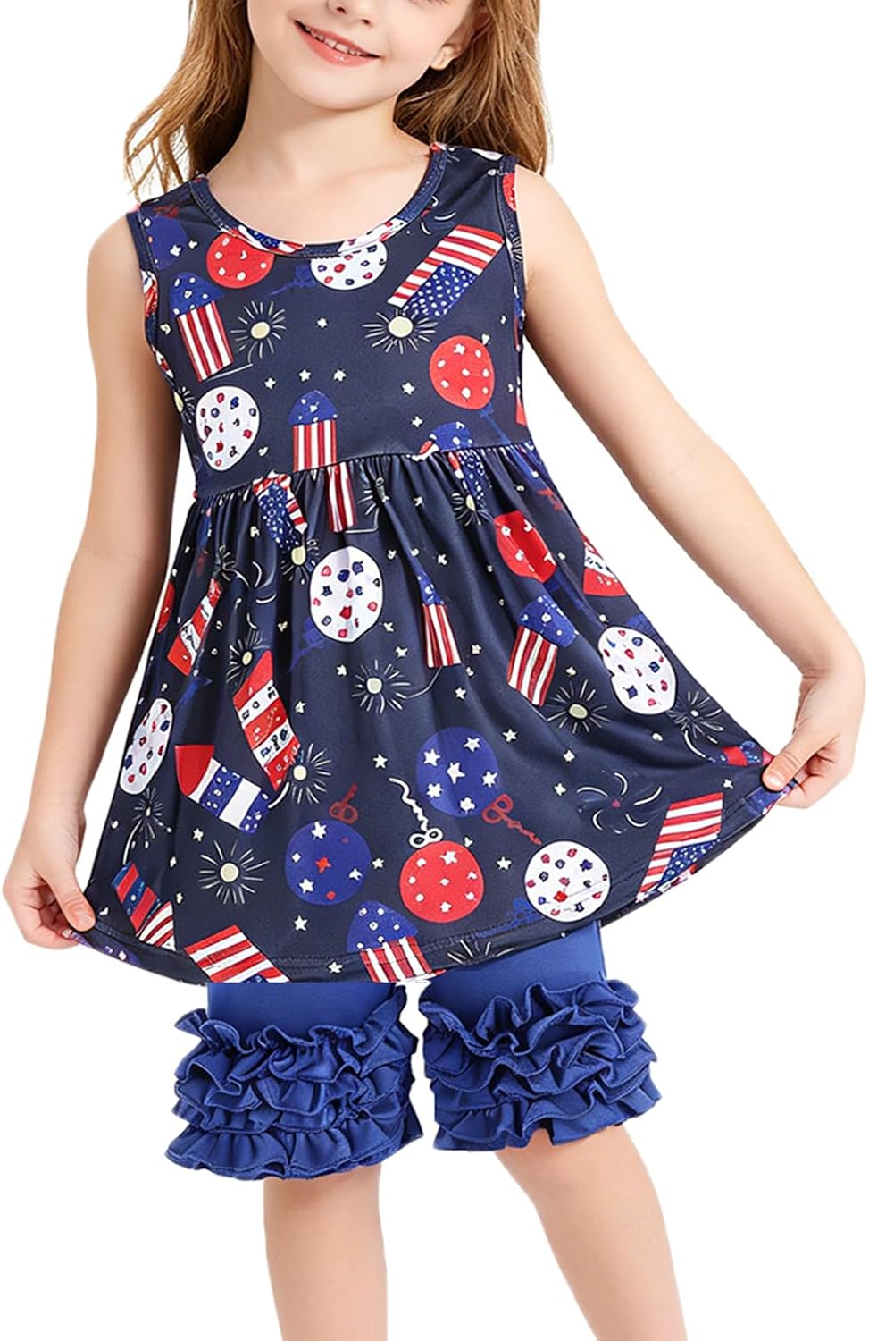 4th of July Toddler Girl Outfits USA Patriotic Independence Set American Flag Print Dress Shorts Outfit 3-8Y