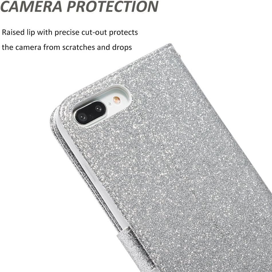 UEEBAI Wallet Flip Case for iPhone 6 6S, Premium Glitter Glossy PU Leather Case with Diamond Buckle [Card Slots] [Magnetic Clasp] Stand Function Rhinestone Strap Handbag Soft TPU Cover - Silver