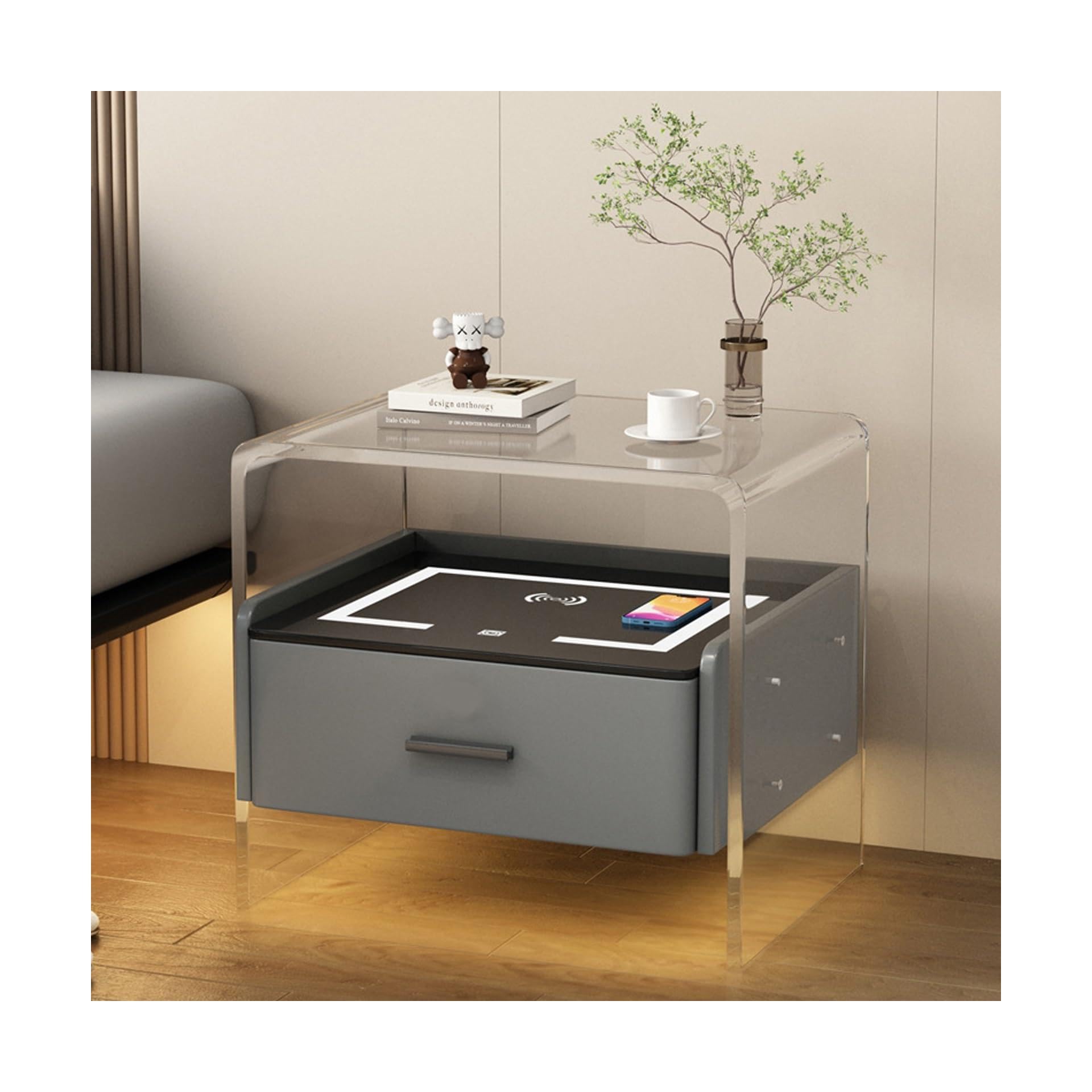 BHGFYXBS Nightstand Led Bedside Table Smart Drawers Nightstand With Charging Station, Acrylic End Table Cabinet With Led Light Strip For Bedroom,Fingerprint Lock-C,Fingerprint Loc,Fingerprint Lock-B