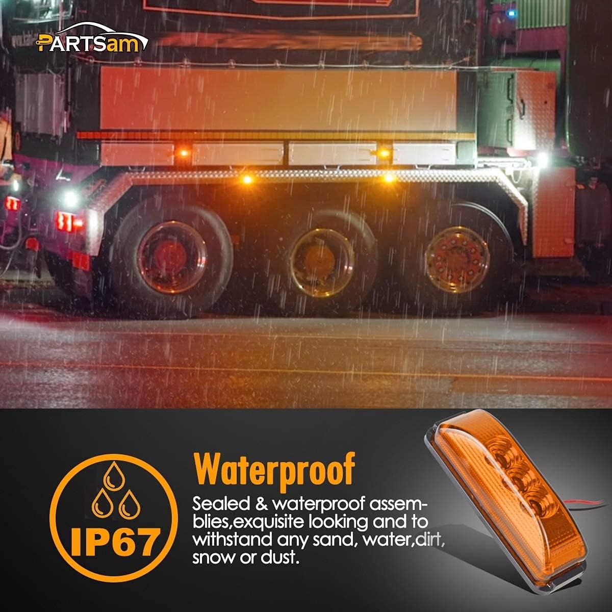 Partsam 12pcs 3.9 inch Amber 3LED Side Marker Light Universal 12V 2 Wires Sealed Assembly, Thin line Faceted LED Trailer Truck Clearance or Side Marker Lights w Mini Reflectors