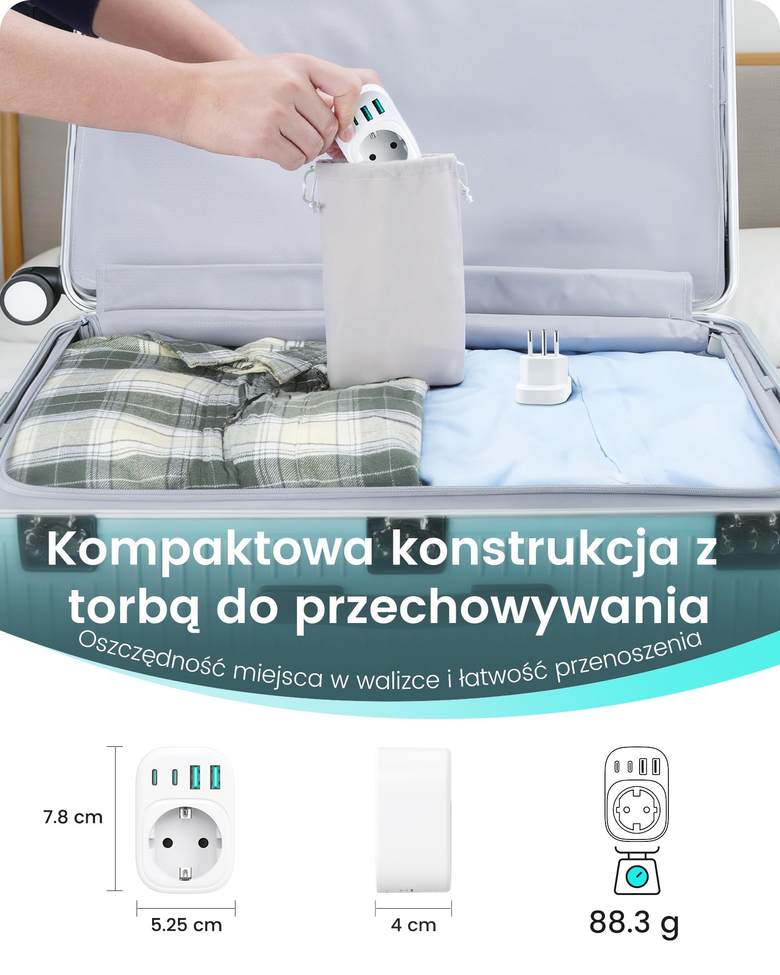 LENCENT Adapter podróżny 5 w 1 Brazylia, typ N do gniazdka brazylijskiego | europejski na Brazylię, adapter wtykowy z 2 portami USB-C i 2 portami USB-A, maks. 2500 W