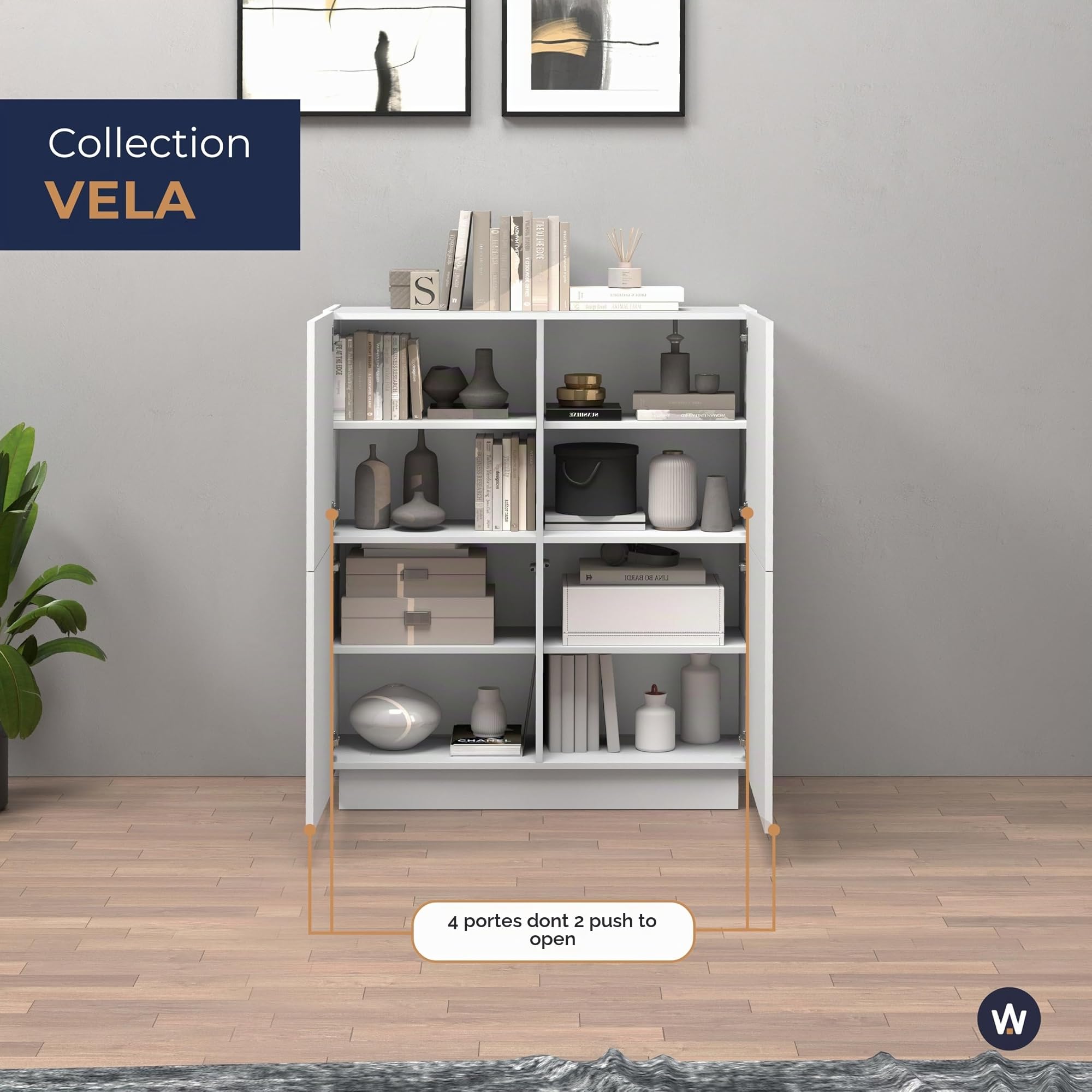 WHOUS Buffet Vela pour Salon avec 4 Portes et 8 Compartiments, bahut pour Salon, Cuisine et Salle à Manger, 100 x 35 x 120,4 cm, Couleur Blanc Brillant