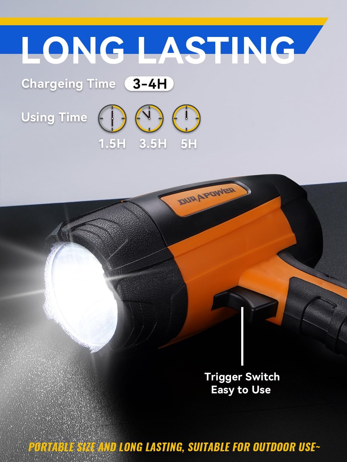 Durapower Rechargeable Spotlight, High Lumens LED Spotlight Flashlight, IPX2 Waterproof Handheld Spot Light for Indoor Outdoor Farm Camping Emergency (Orange)