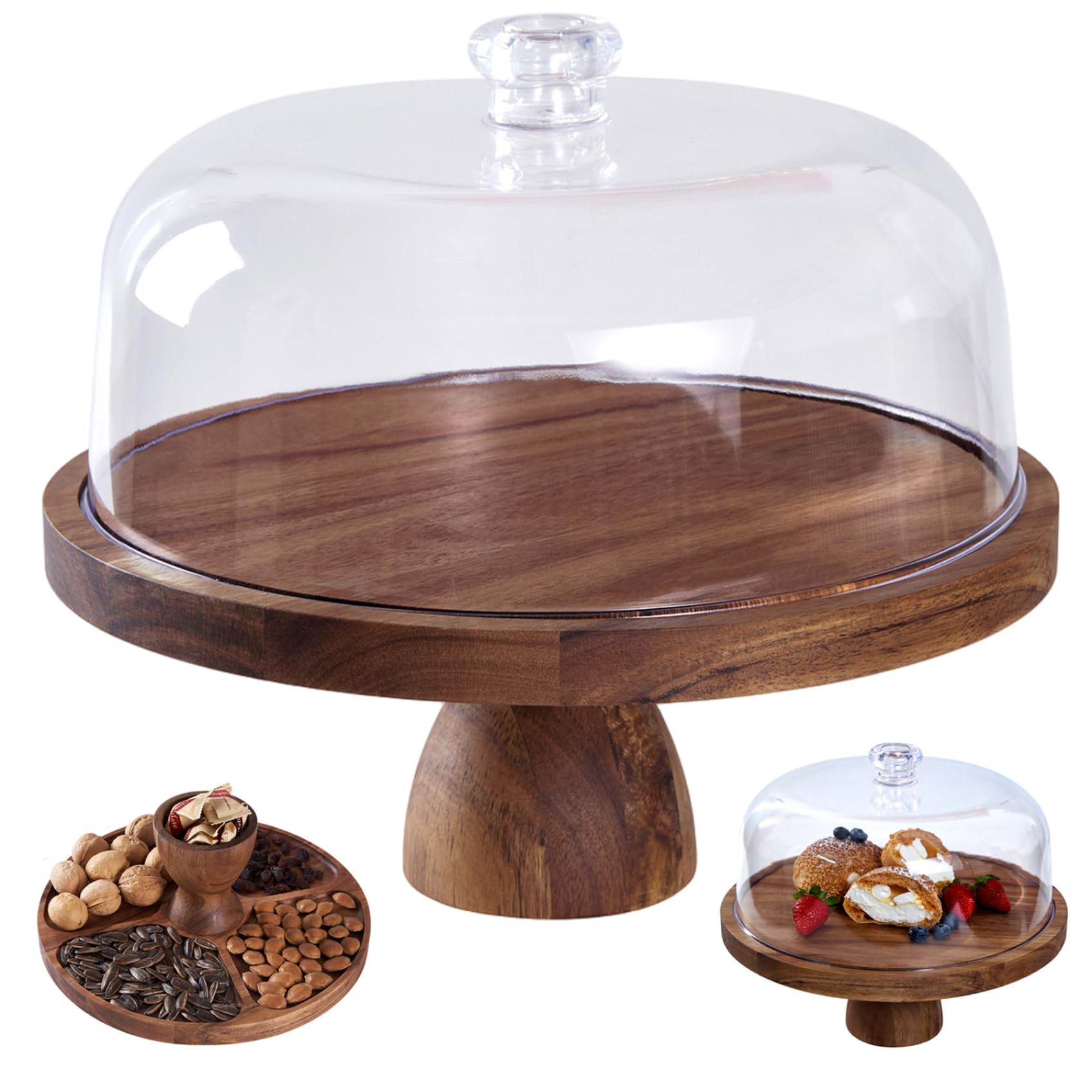 Soporte para pasteles de 12 pulgadas, soporte para pasteles de madera con mango superior esférico, tapa acrílica, recipiente redondo para refrigerios con patas para exhibir postres, platos de queso