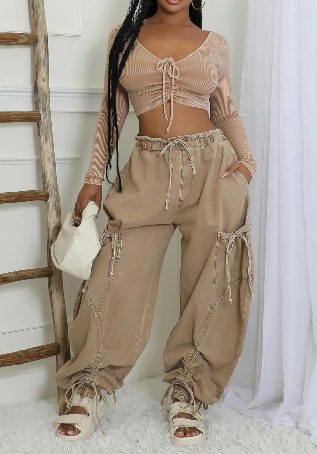 Tbahhir Baggy Cargo Jeans for Women High Waist Wide Leg Denim Pants Loose Harem Drawstring Jogger Sweatpants Trousers - Image 3