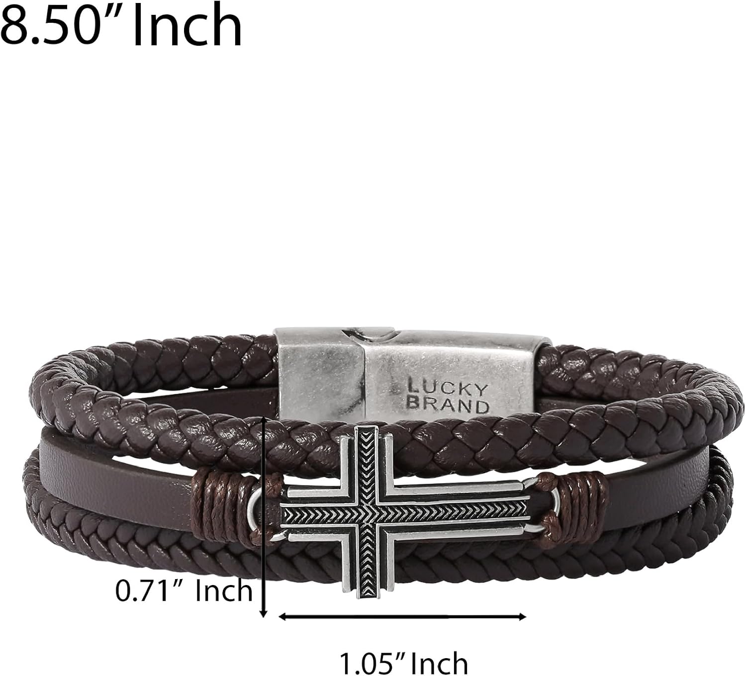 Lucky Brand Textured Cross Triple Row Brown Bracelet for Men 8.5", Antiqued Silver Plated, Cross Jewelry