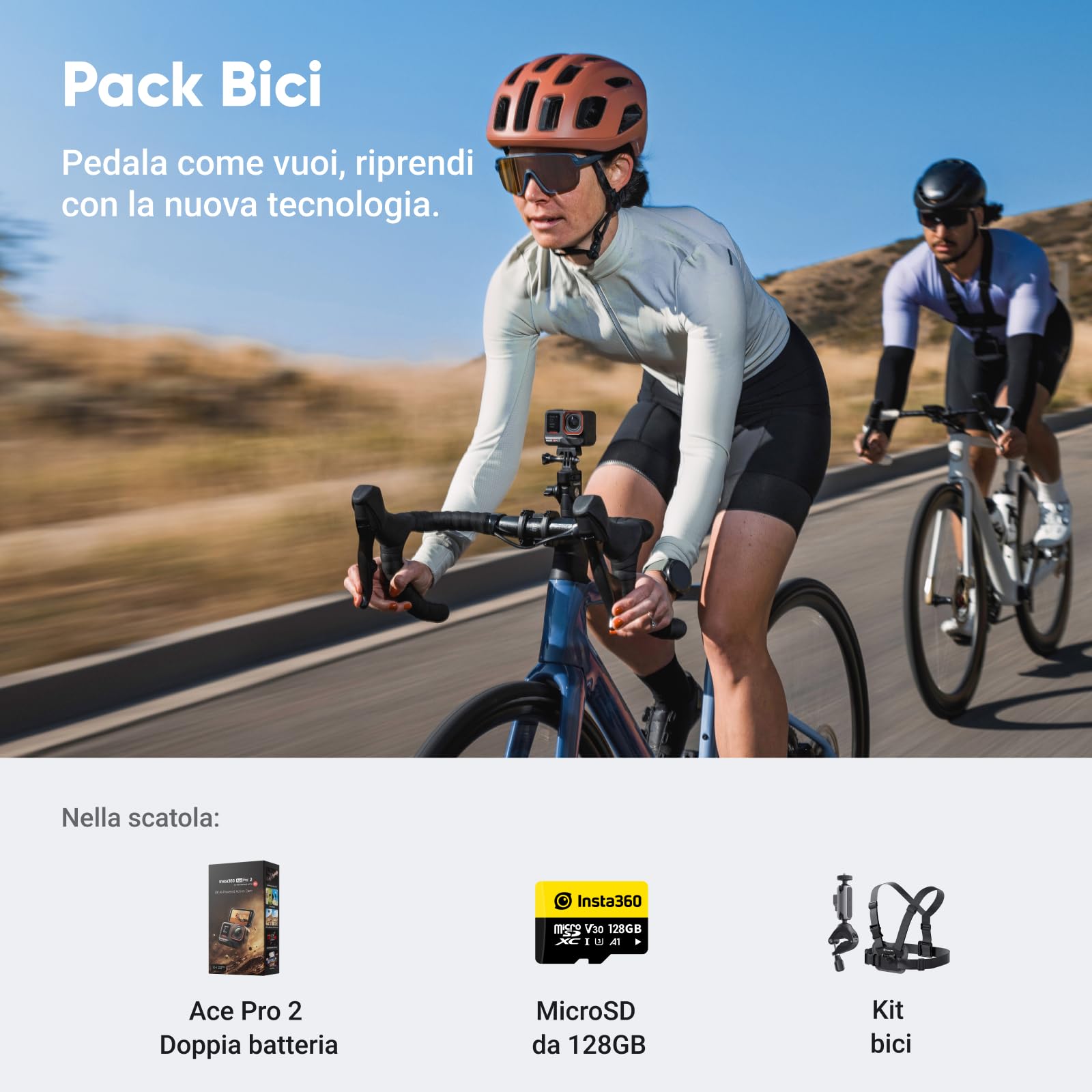 Insta360 Ace Pro 2 Pack Bici - Action Cam Impermeabile in 8K co-ingegnerizzata con Leica, sensore 1/1.3", doppio chip IA, superba in bassa luce, audio superiore.