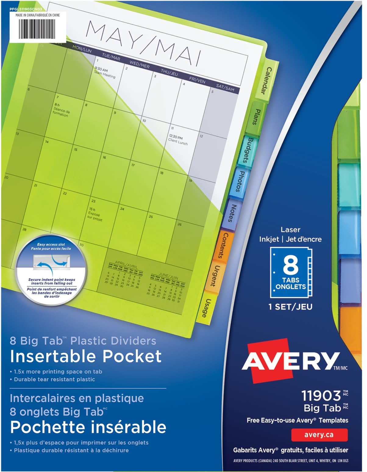 AVERY Big Tab Pocket Insertable Plastic Dividers for Laser and Inkjet Printers, 9-1/4" x 11-1/8", 8 tabs, Multi-Colour, 1 Set, (11903) image 3