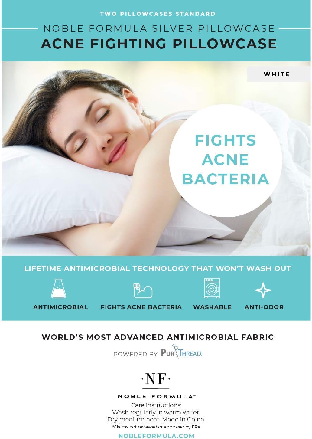 Noble Formula Silver Acne Fighting Pillowcase with PurThread Silver Technology, White, 2 Standard Pillowcases