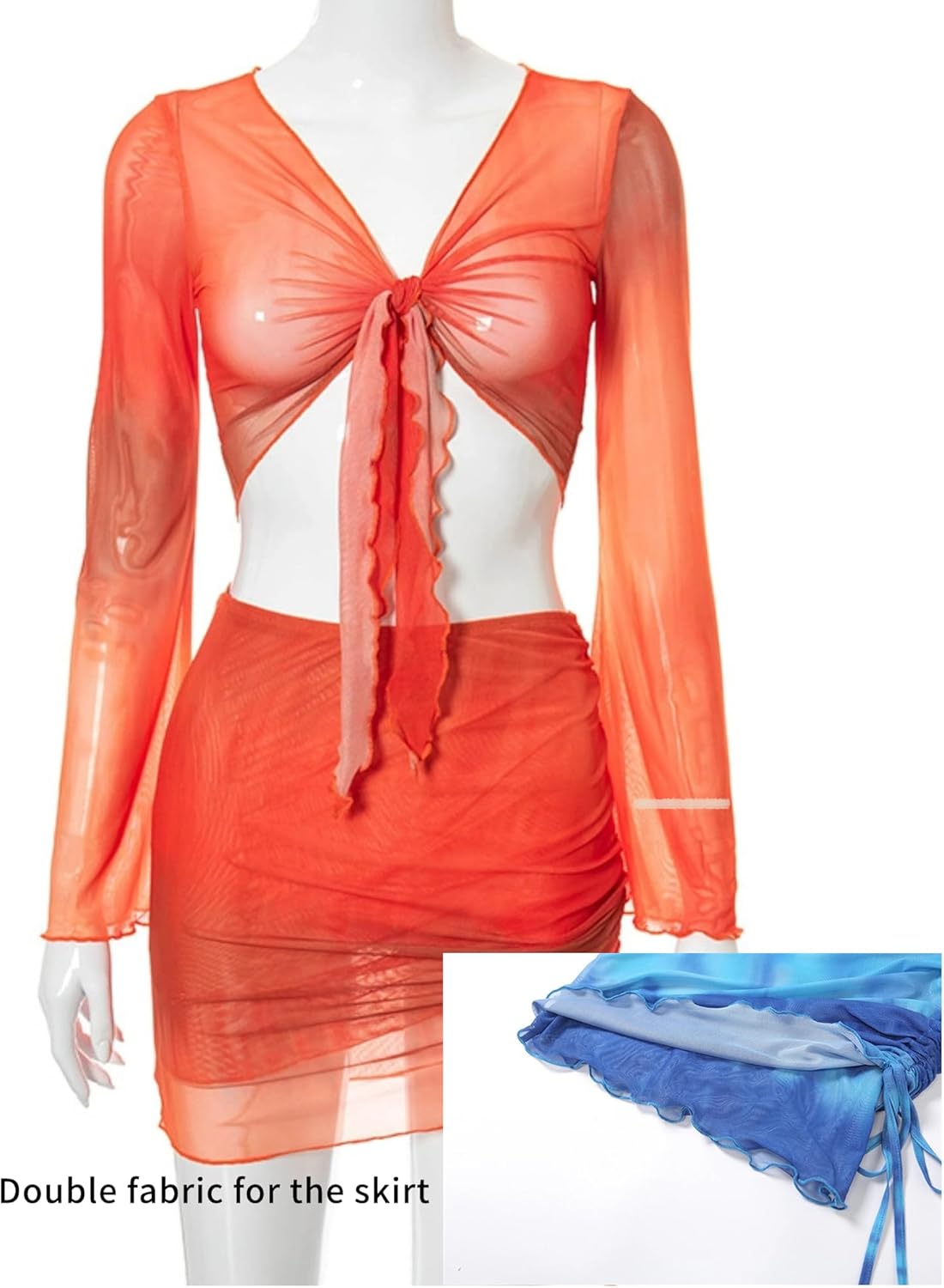 Women's Sexy Long Sleeve Two 2 Pieces Outfits Sheer Mesh Mini Dress Skirt Set Top V Neck Backless Ruched Bodycon Cover Up - Image 3