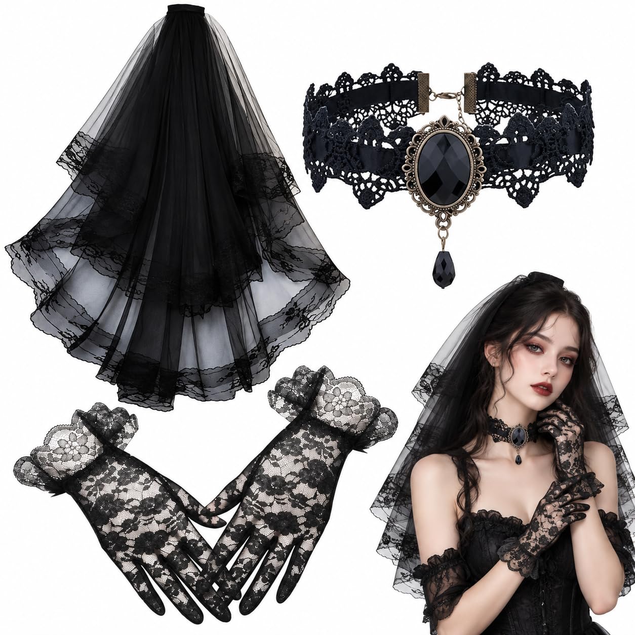 Black Veil Set, Choker and Lace Veil Set, Black Veil Brides, Lace Gloves