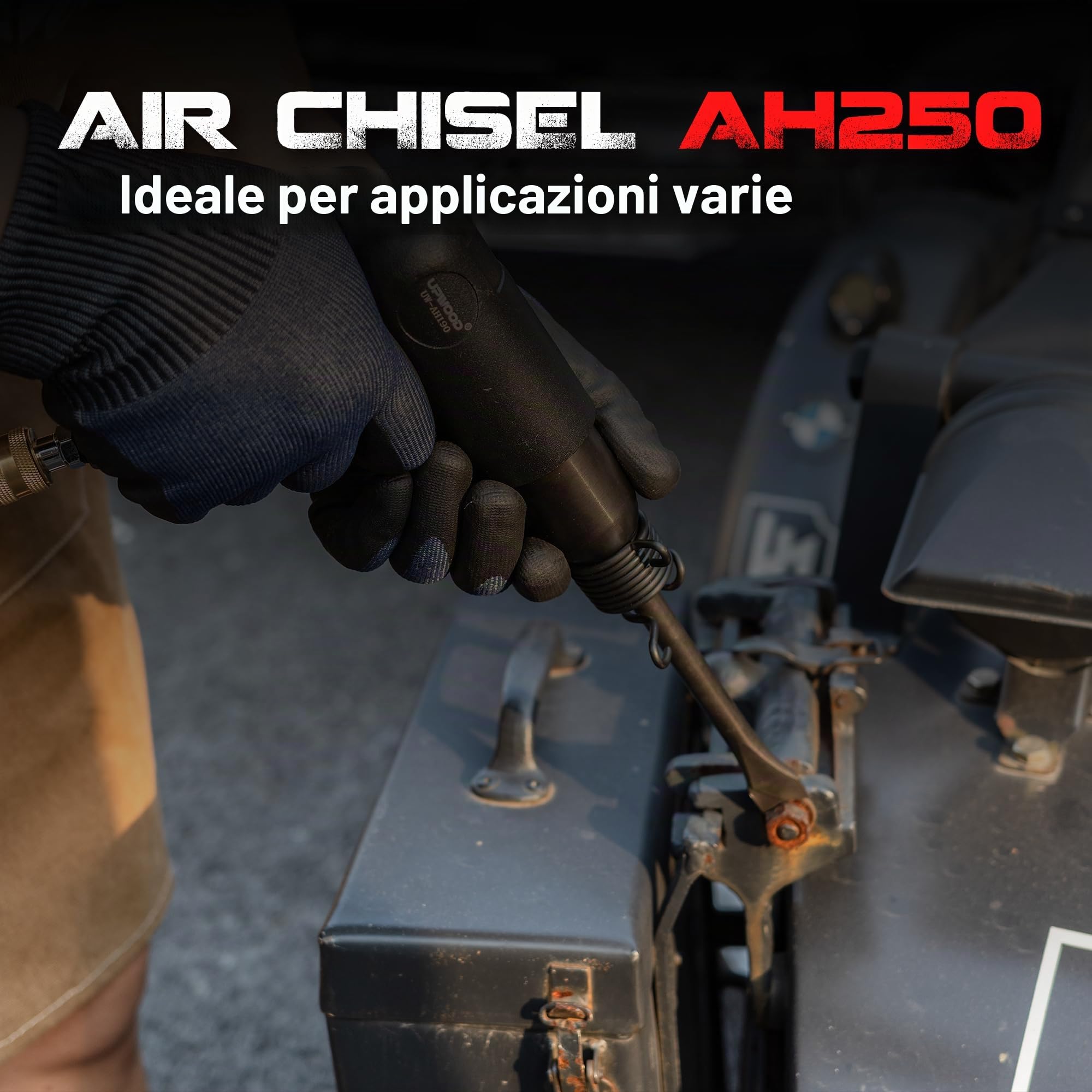 Kit martello pneumatico a canna lunga UW-AH250 con fermo a cambio rapido e 5 scalpelli, corsa 3-5/8 pollici, 2200 BPM, peso leggero (AH250P - canna lunga)
