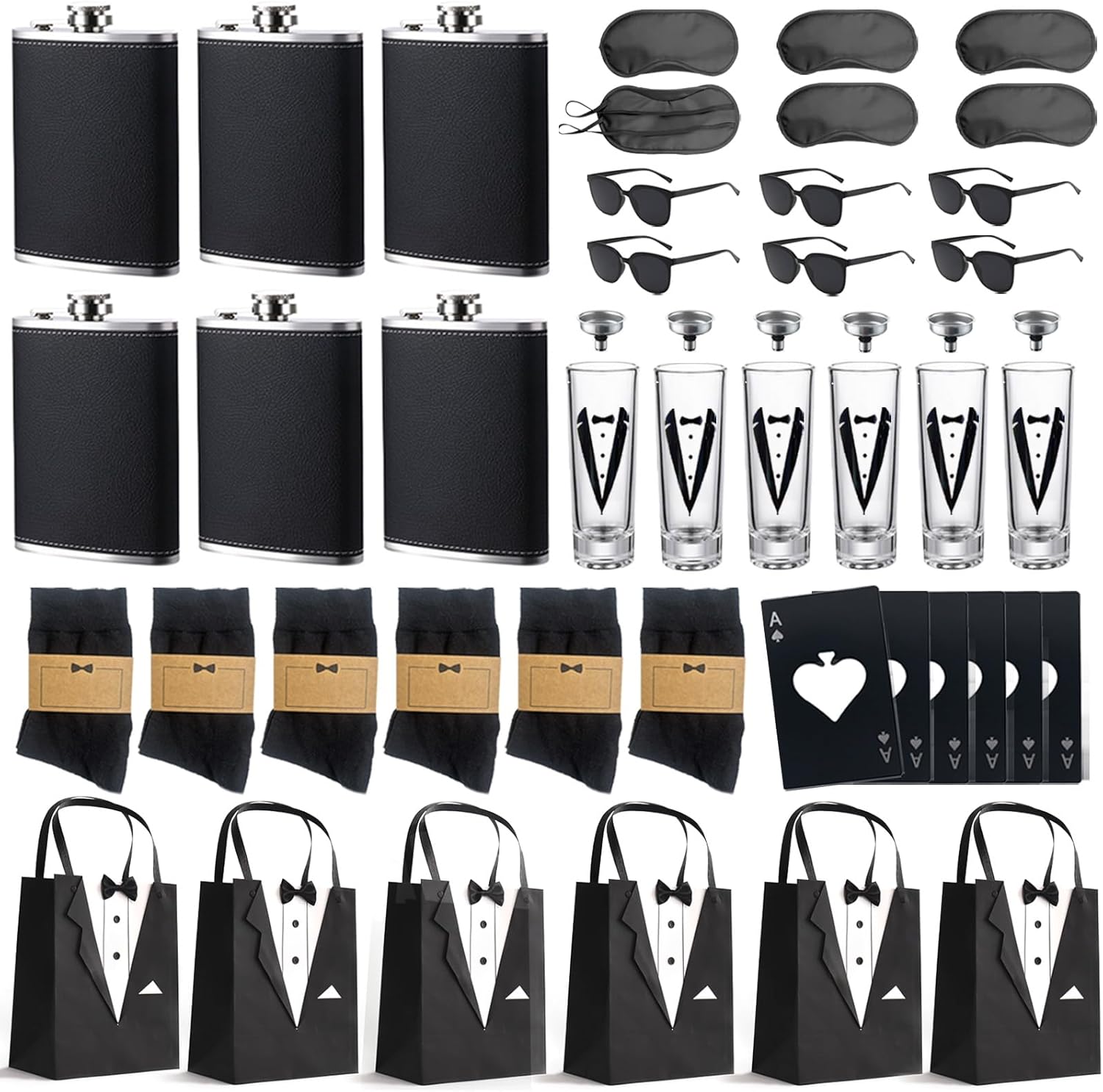 48Pcs Groomsmen Gifts Set of 6 for Wedding Party, Groomsmen Proposal Gift-Tuxedo Bags&Steel Hip Flasks | Sunglasses | Socks | Glass Cups | Bottle Opener, Elegant Man Box Can Creating Lasting Memories