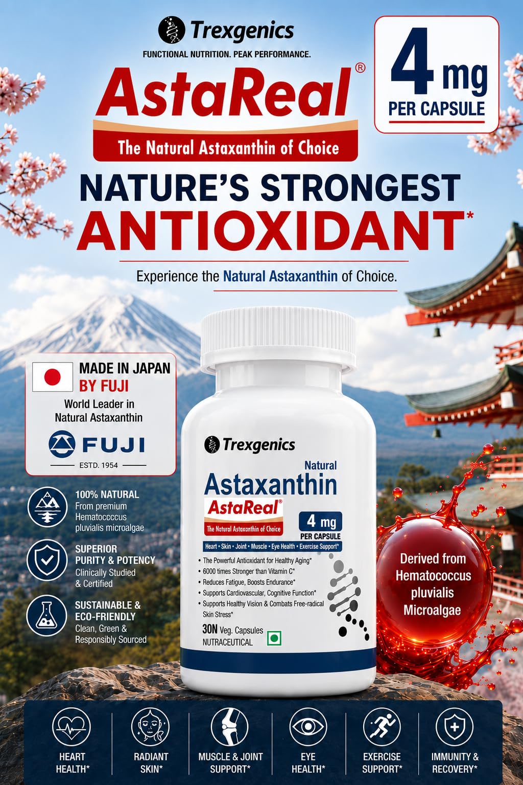 Trexgenics ASTAREAL Natural ASTAXANTHIN 4 mg from Japan (from 100 mg extract) Heart, Skin,Joint, Muscle, Eye, Exercise Support (4 mg, 30 Veg. Capsules) 1