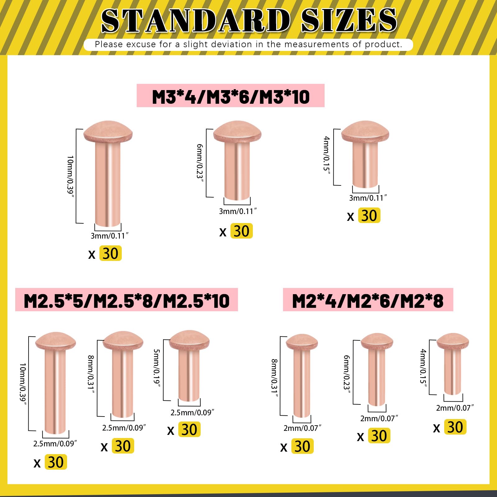 Mardatt 270Pcs Round Head Copper Solid Rivets Kit, M2 M2.5 M3 Solid Copper Rivets Fasteners, Round Head Rivets Solid Copper Rivets for Electrical Applications, Leather Working Supplies