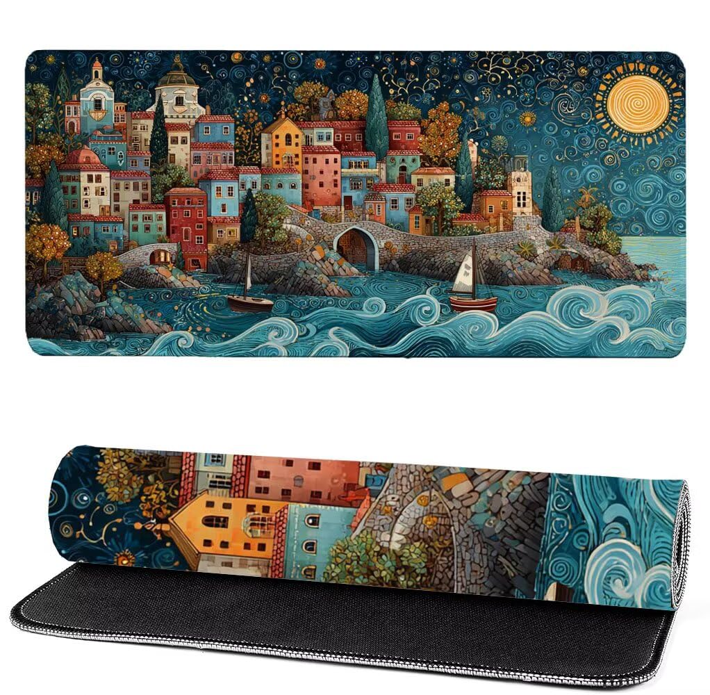 Podkładka pod mysz XXL 1000 x 500 x 3 mm od strony morza, podkładka pod mysz do gier dla małych miast, poprawa dokładności i szybkości, antypoślizgowa gumowa podkładka do gier, dekoracja biurka MM-135
