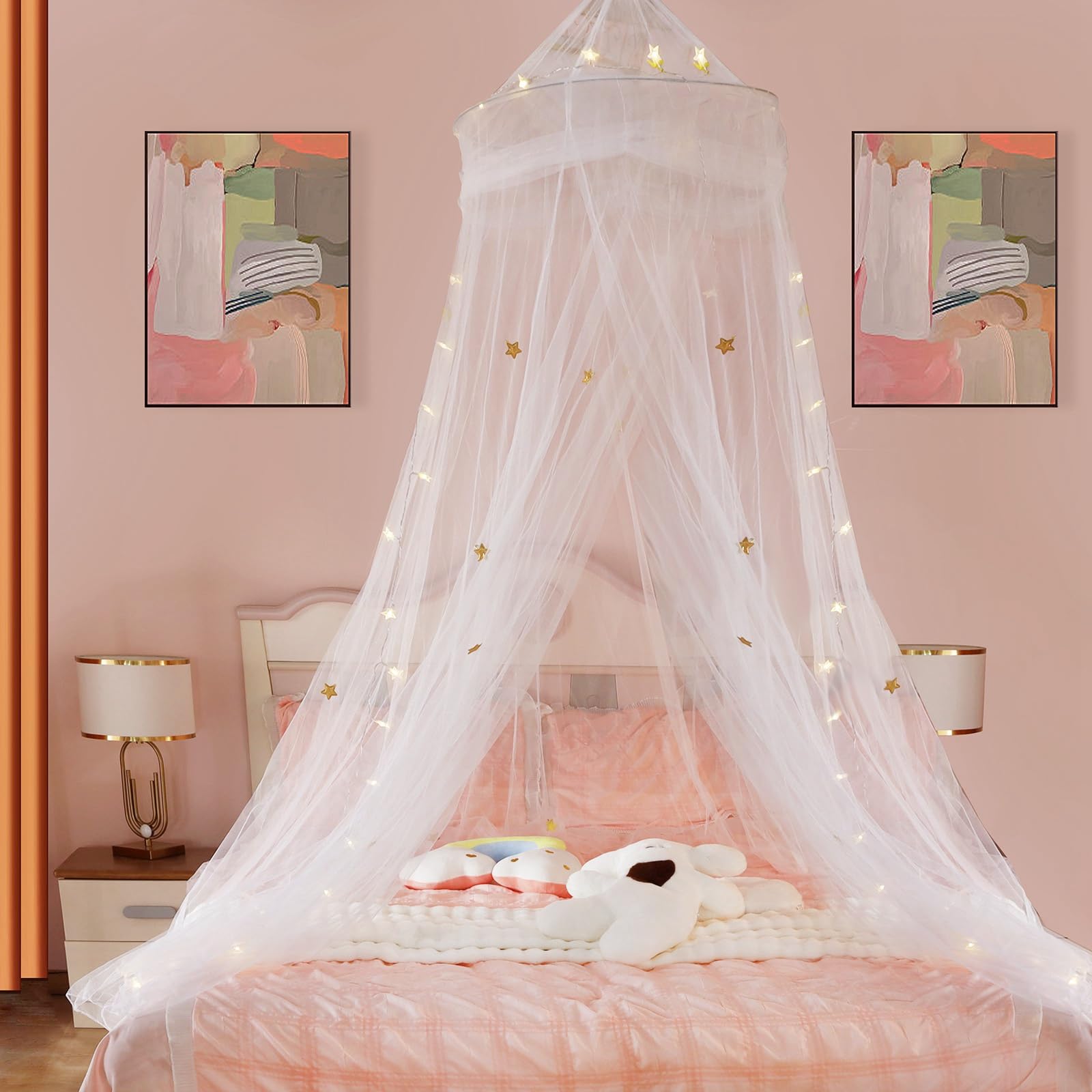 Bed Canopy for Girls with Star Lights - Gold Star Princess Bed Canopy, Mosquito Net for Bed | Canopy Bed Curtains for Kids, Toddlers, Boys & Girls | Fits Twin/Full/Queen/King Beds | Reading Nook Decor