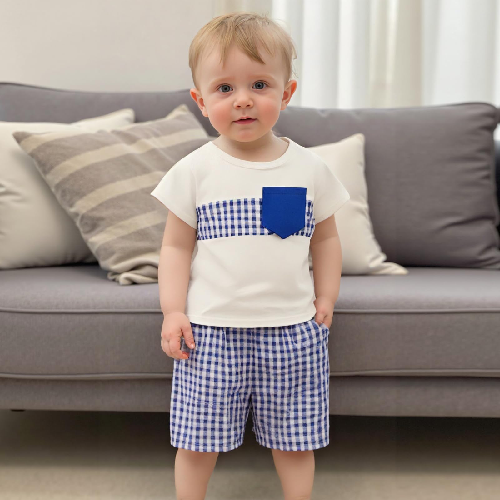 Summer Baby Boy Clothes Short Sleeve Front Pocket Tshirt Plaid Shorts Set 6 12 18 24 Months 2T 3T 4T Toddler Outfit (Blue, 12-18 Months)