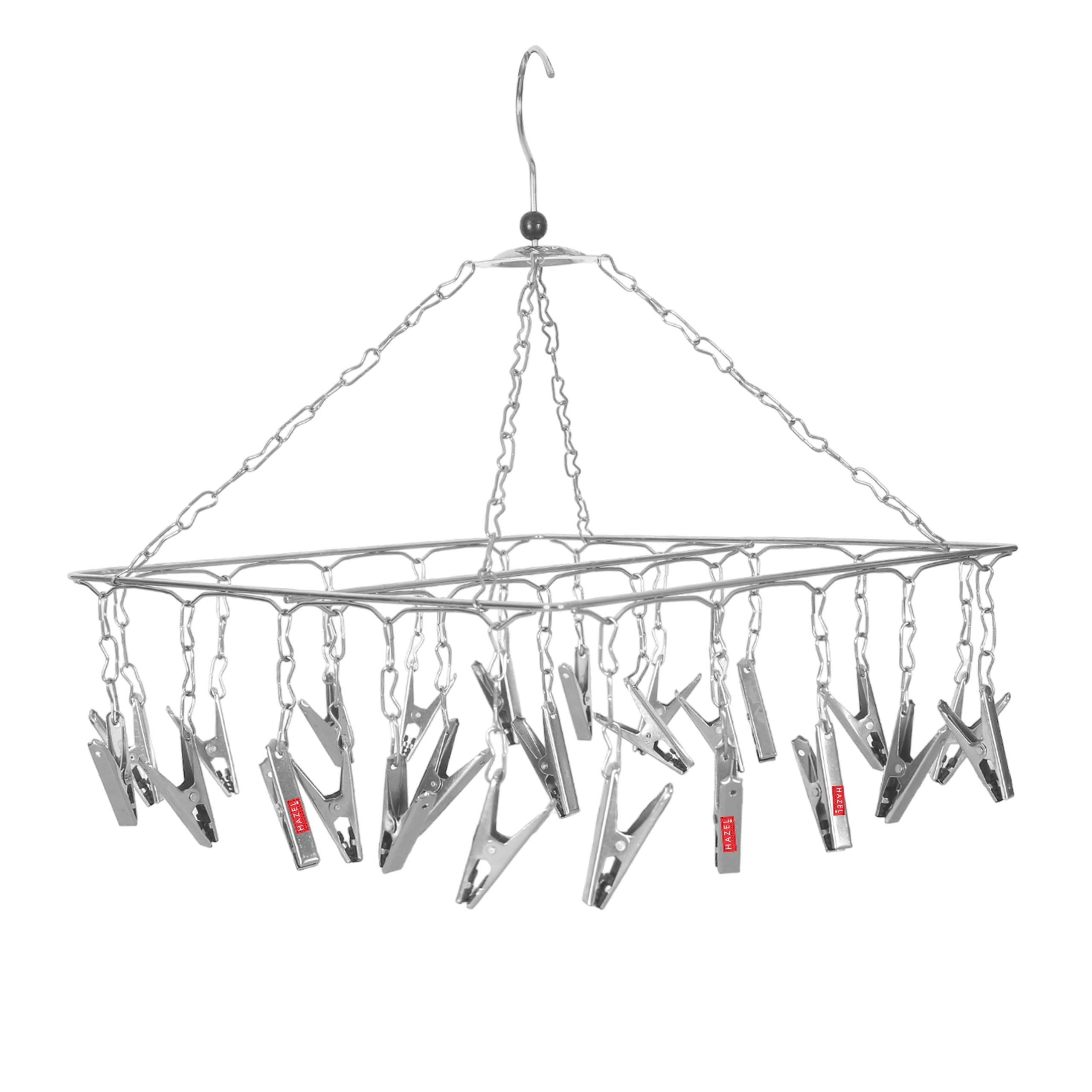 HAZEL Stainless Steel Clothes Drying Hanger with Clips | Space Saving Balcony Cloth Hanger with 360° Rotating Hook for Indoor & Outdoor Use