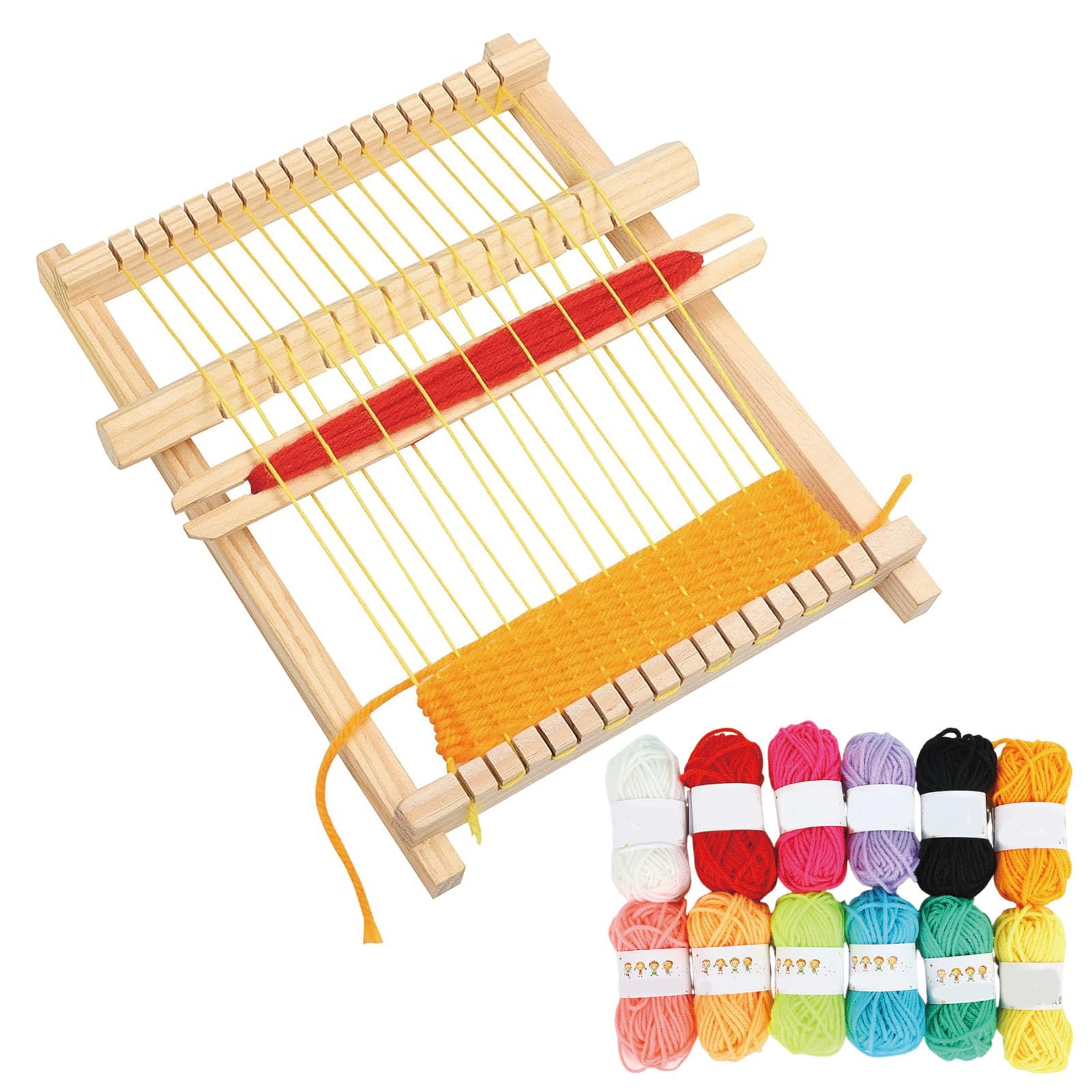 DXPETA Wooden Weaving Loom Kit, 21x16cm Weaving Frame Looms for Kids, Weaving Kit Educational Toy Set with 12 Coloured Yarns, Rods,Combs and Shuttles, Suitable for Beginner & Kids