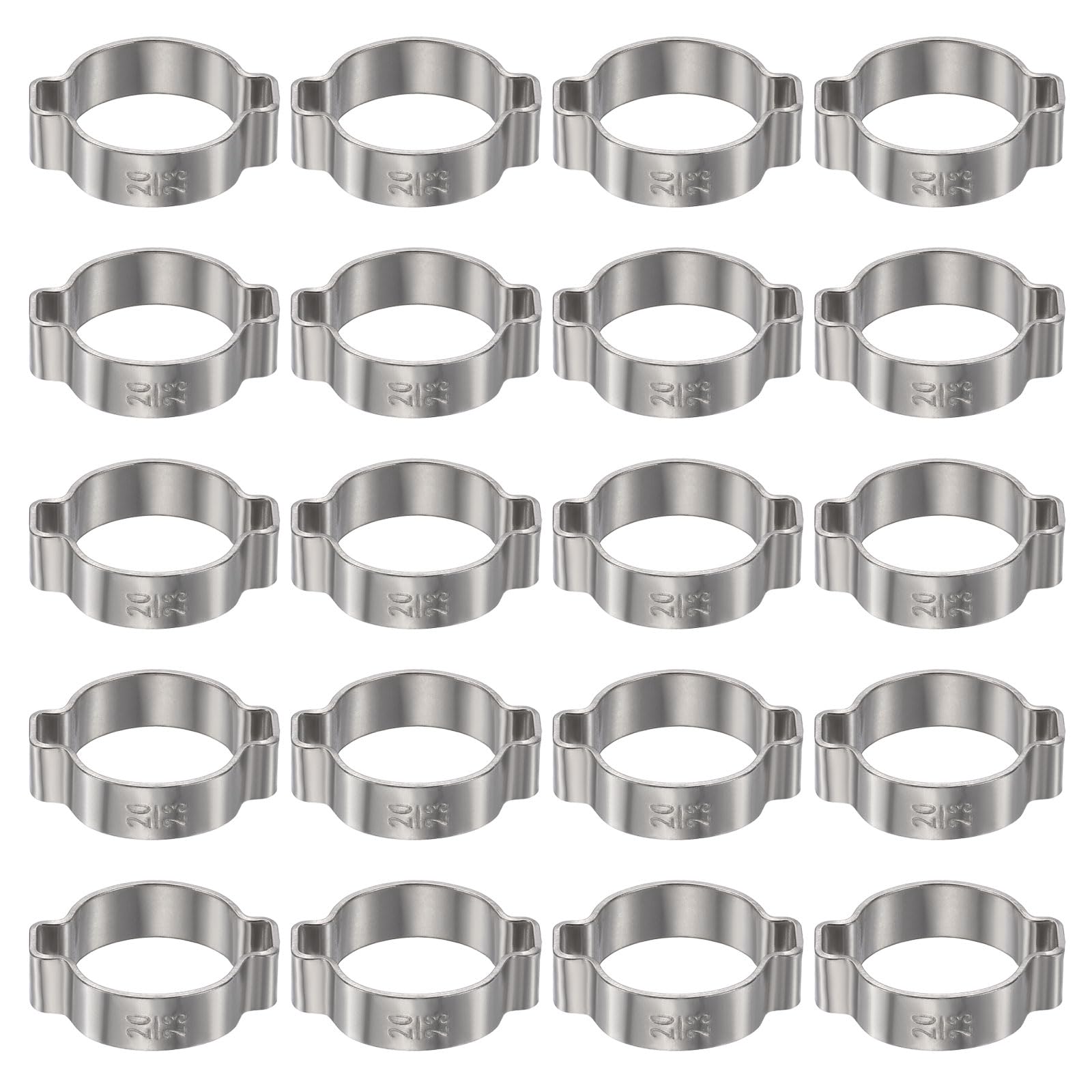 sourcing map 20pcs Double Ear Hose Clamp 20-23 mm 304 Stainless Steel Hose Clamp Double Ear O Clips Crimp Rings for Fuel Line Pipe Tube Fitting Connections, Silver