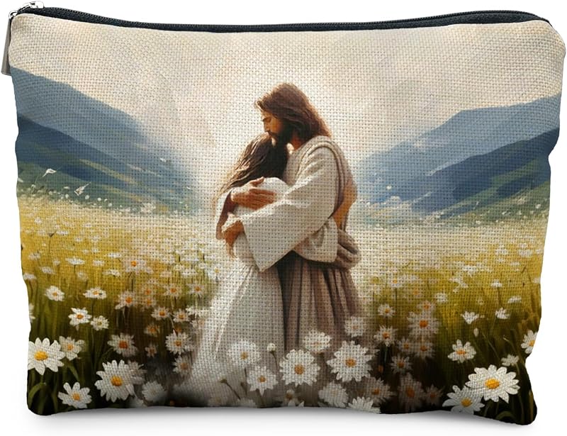 Floral Jesus Hugging Women Makeup Bag, Christian Gifts for Women Faith, Modern Christian Jesus Cosmetic Bag for Purse, Religious Makeup Zipper Pouch