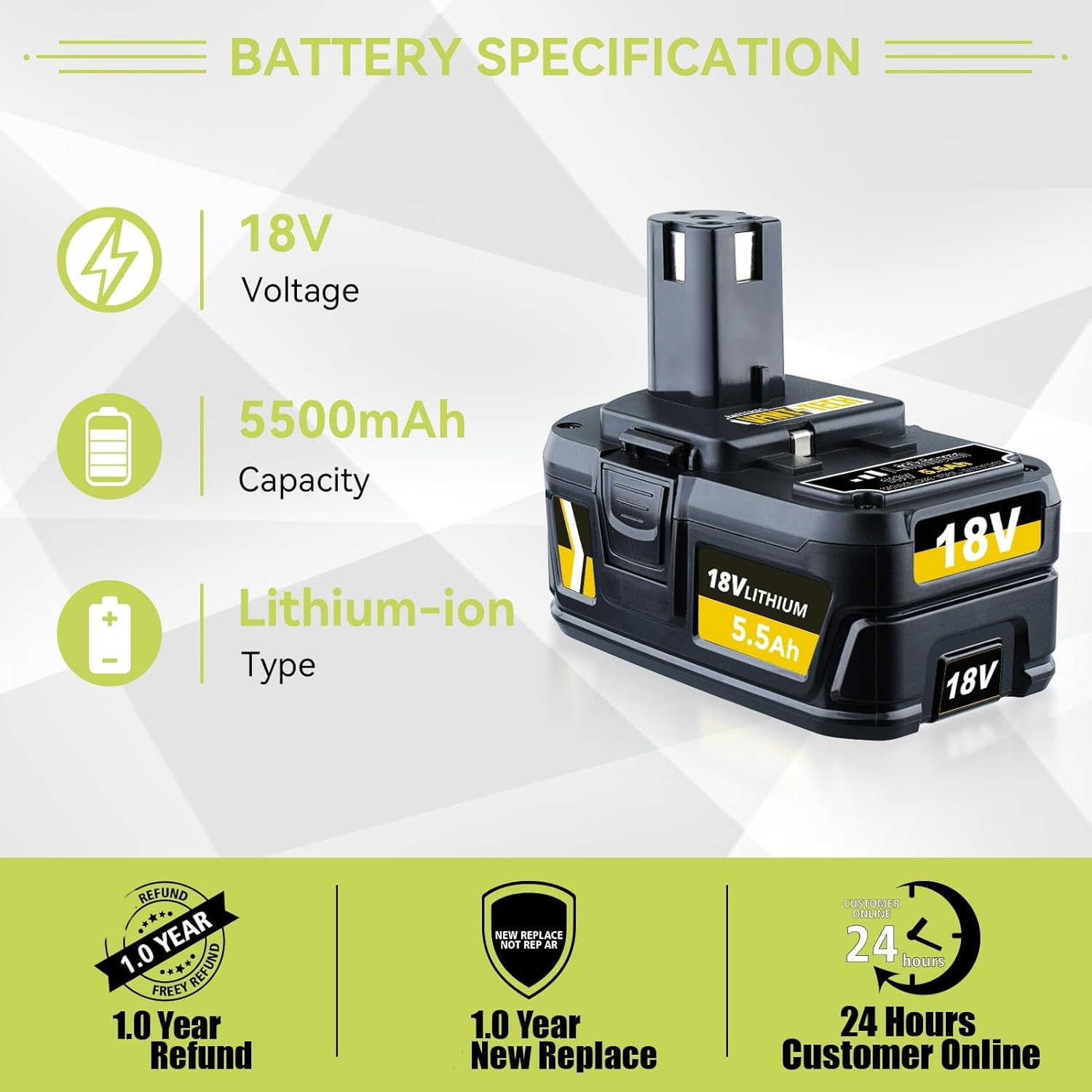 VANTTECH 4Packs 5.5Ah 18V P108 Lithium_ion Battery Replacement for Ryobi 18V Battery P104 P105 P107 P108 P507 BPL-1815 BPL-1820G BPL18151 BPL1820 Tools