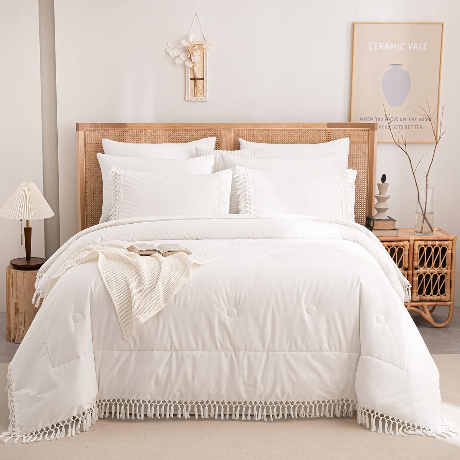 White Cotton Comforter Set Boho Tassel Bedding Comforter