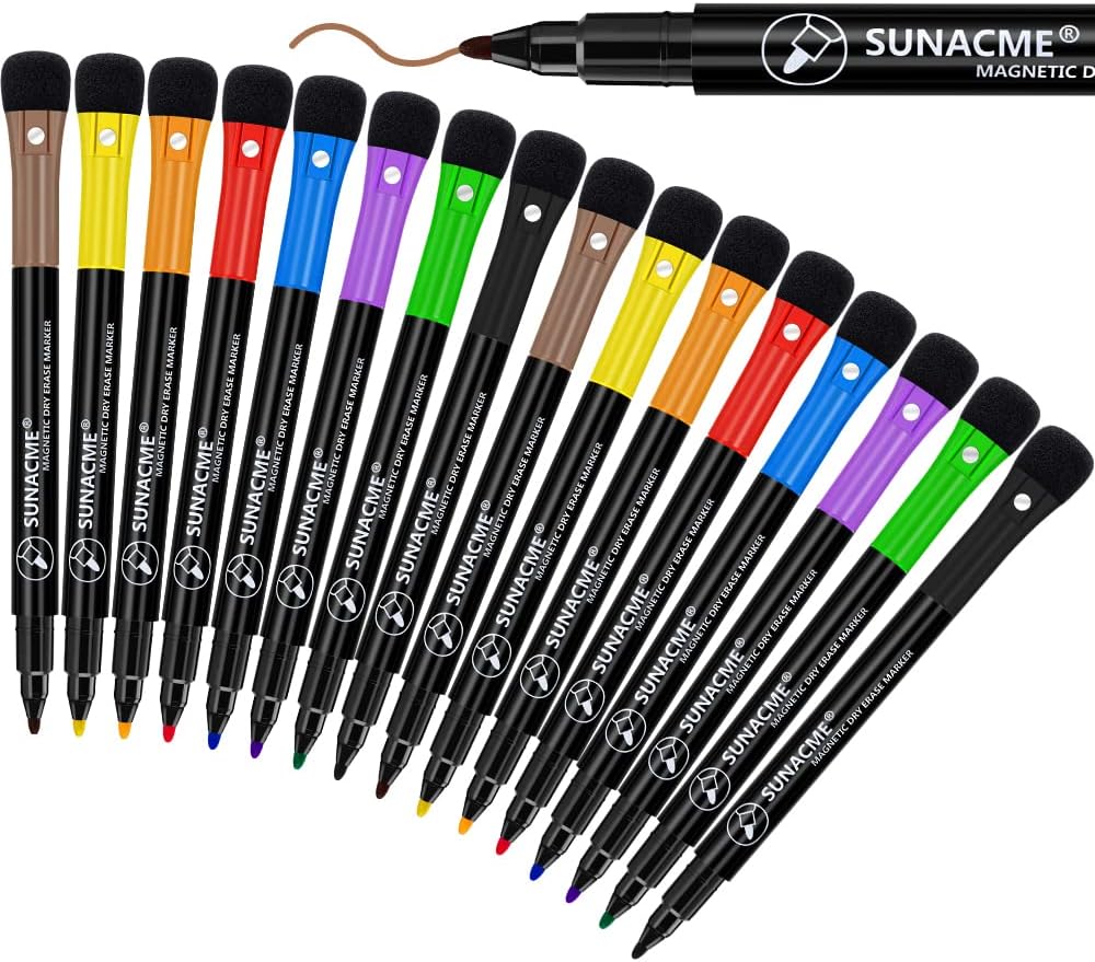 Magnetic Dry Erase Markers Fine Tip, 16-Pack Whiteboard Markers, Fine Point Dry Erase Marker with Eraser Cap, Low Odor White Board Markers for Kids Teachers Office & School Supplies