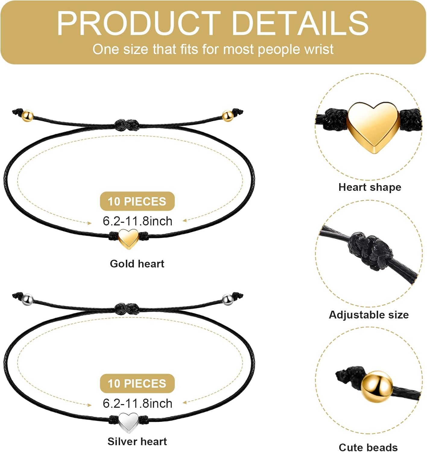 20 Pieces Galentines Day Gifts Bulk Silver Gold Heart Charm Bracelets Black String Adjustable Bracelet Braided Matching Bracelets Friendship Jewelry Galentines Party Favors for Women Men - Image 2