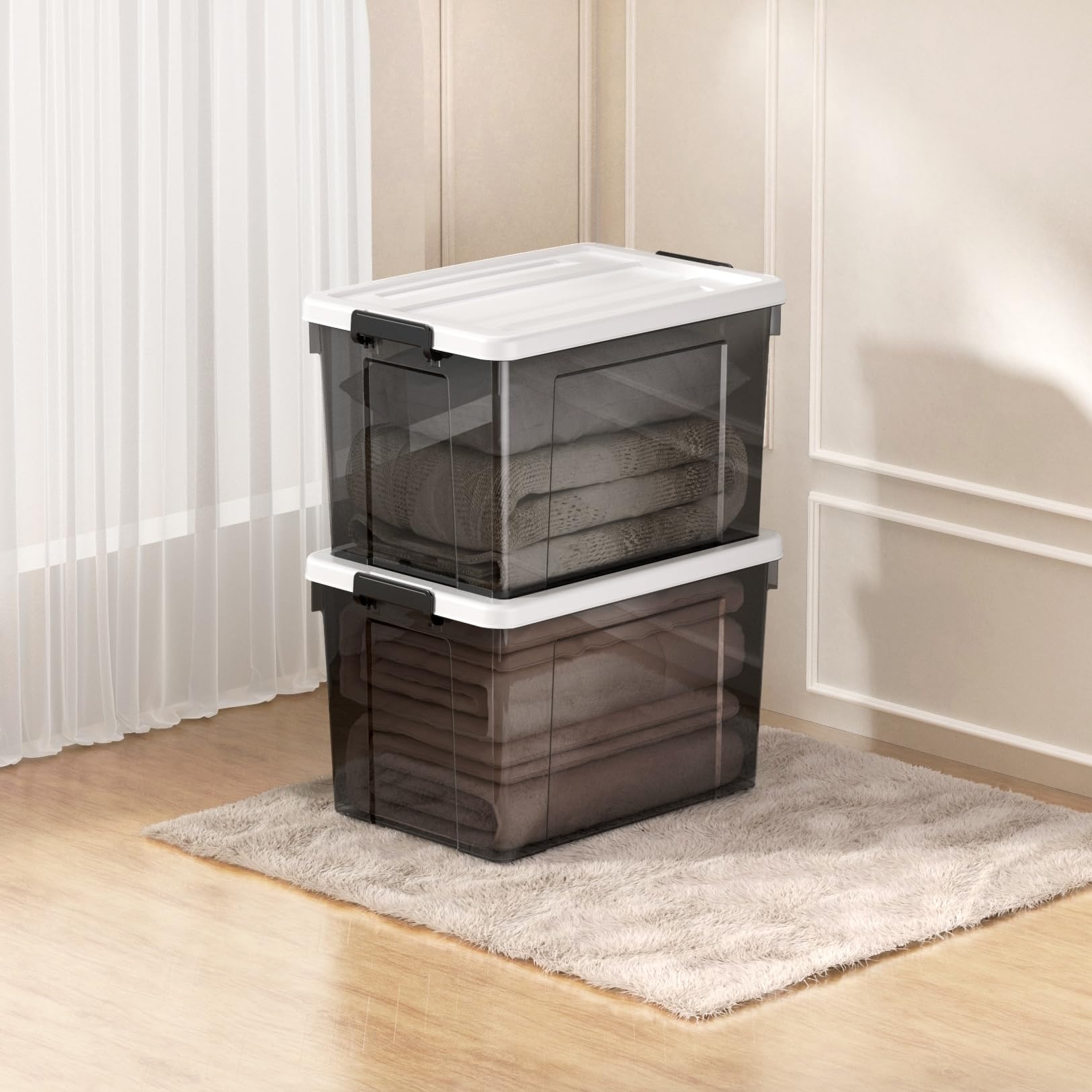 Cetomo Opbergdozen van kunststof met deksels, 90L x 6 opbergdozen, opbergbox met veilige sluitgespen, stapelbaar, nestbaar, grote bak voor huiskleding, 90L-6 stuks, helder zwart