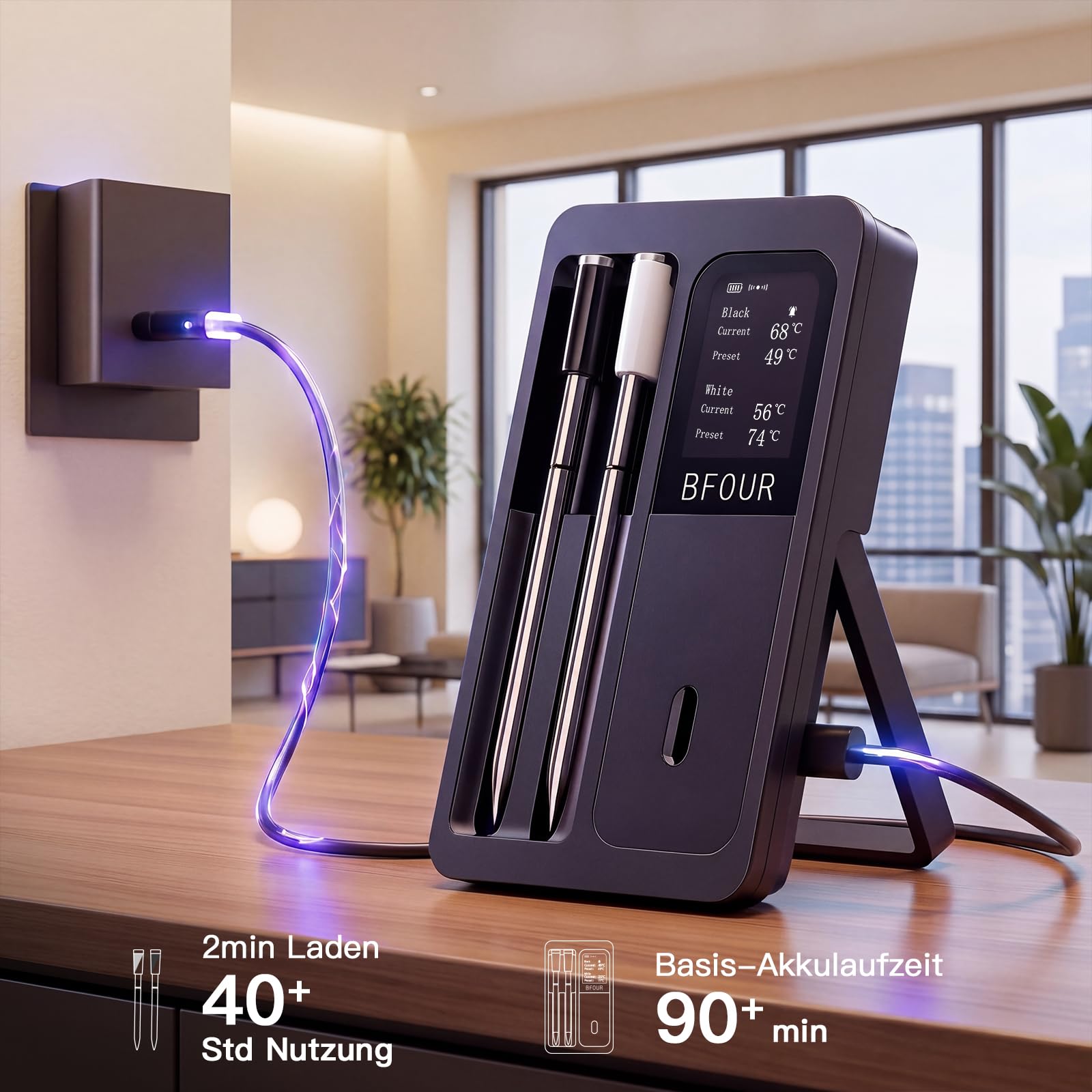 BFOUR Fleischthermometer Kabelloses mit 2 Sonden, App Alarm für Grill & Ofen