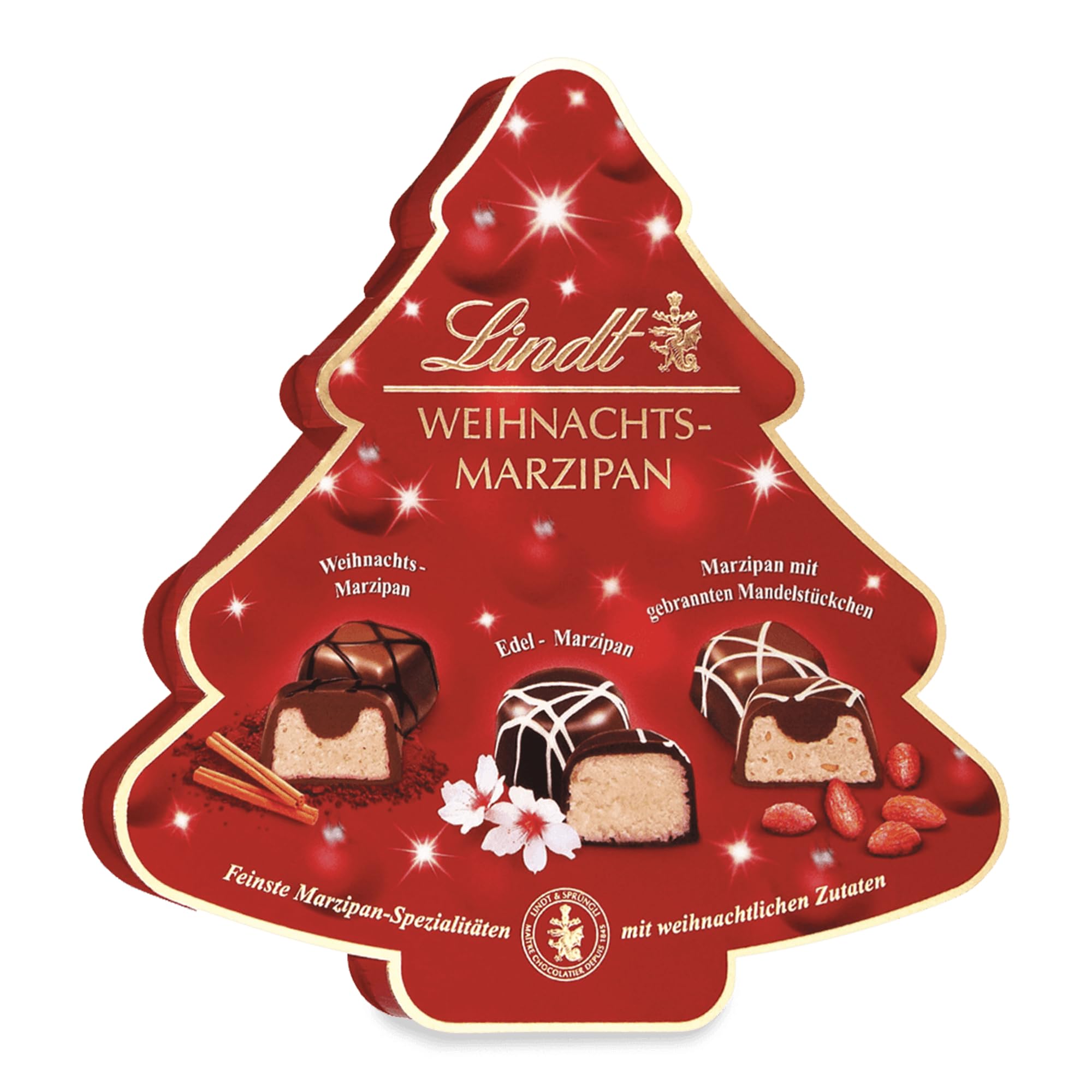 Lindt Schokolade | Weihnachts-Marzipan Pralinen Tanne | 175g | 18 edle Pralinés in 3 weihnachtlichen Sorten mit Edelmarzipan | festliche Pralinenmischung in edler Verpackung zur Weihnachtszeit