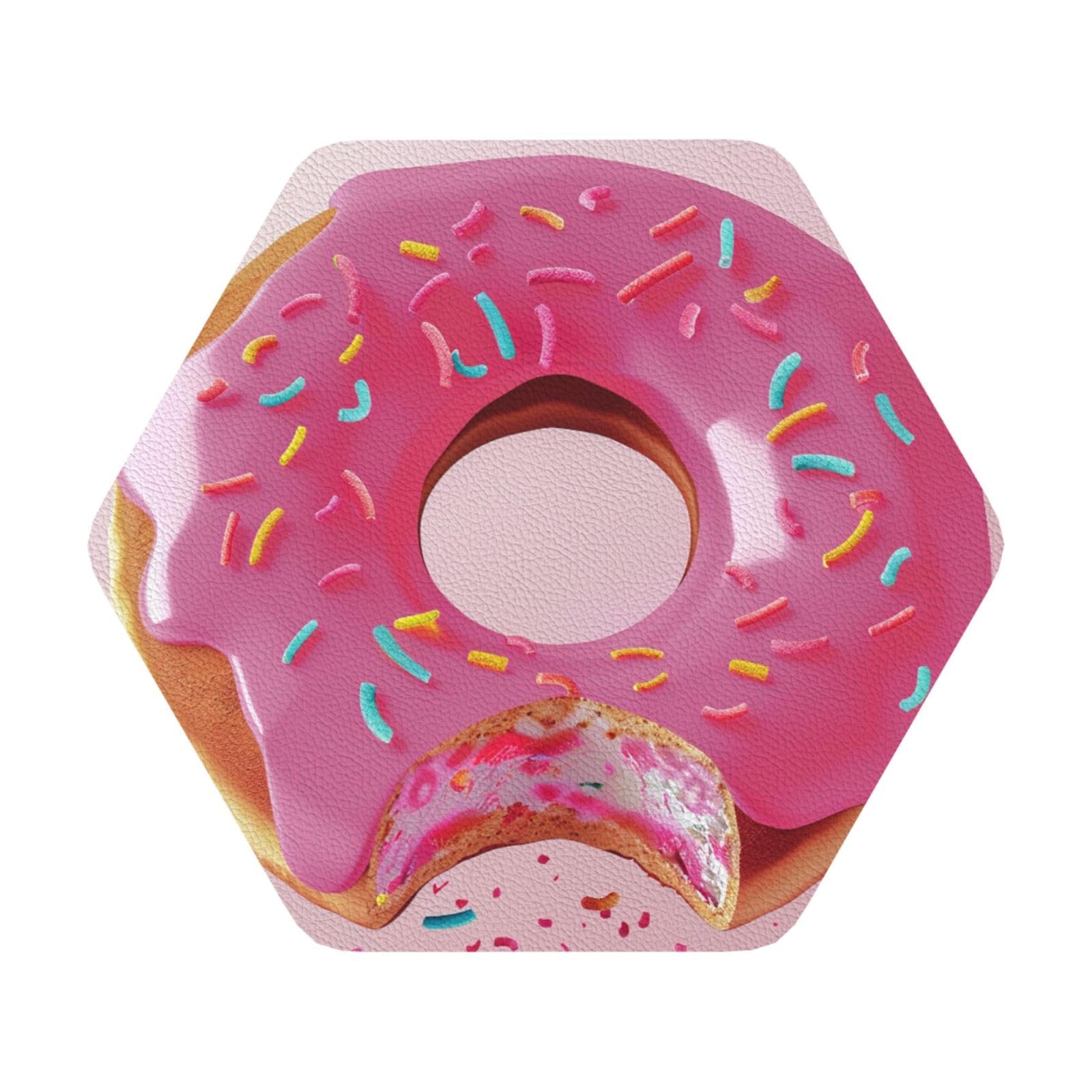 Donut Print Leather Coaster Set of 6, Hexagon Coasters Table Decorative Coffee Cup Beverage Coasters Wine Beer Bar Coasters for Hot Drinks Table Protection