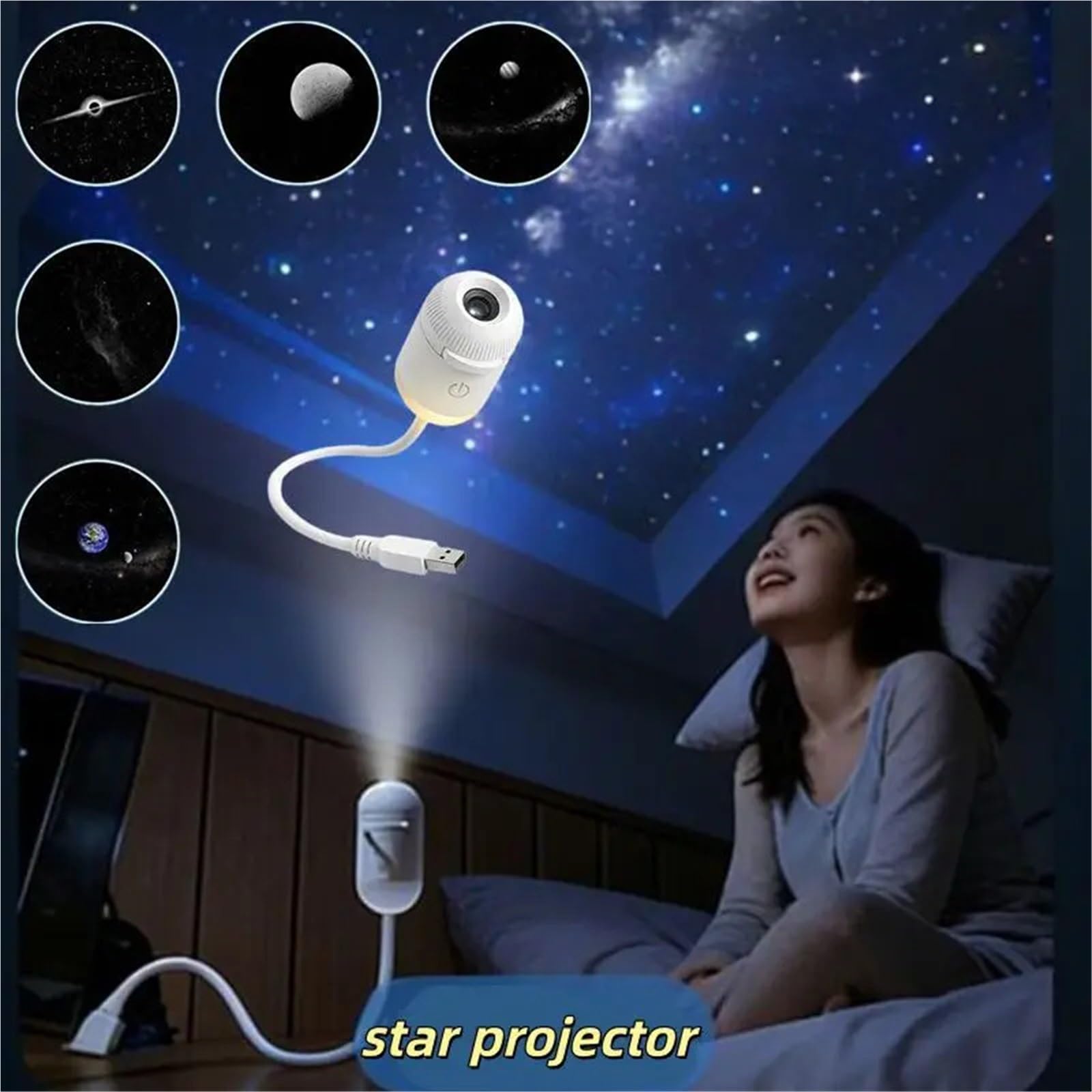 Mini proyector de estrellas galaxia 2 en 1, luz nocturna, proyector de cielo estrellado giratorio de 360° con películas personalizables(6pcs Films)
