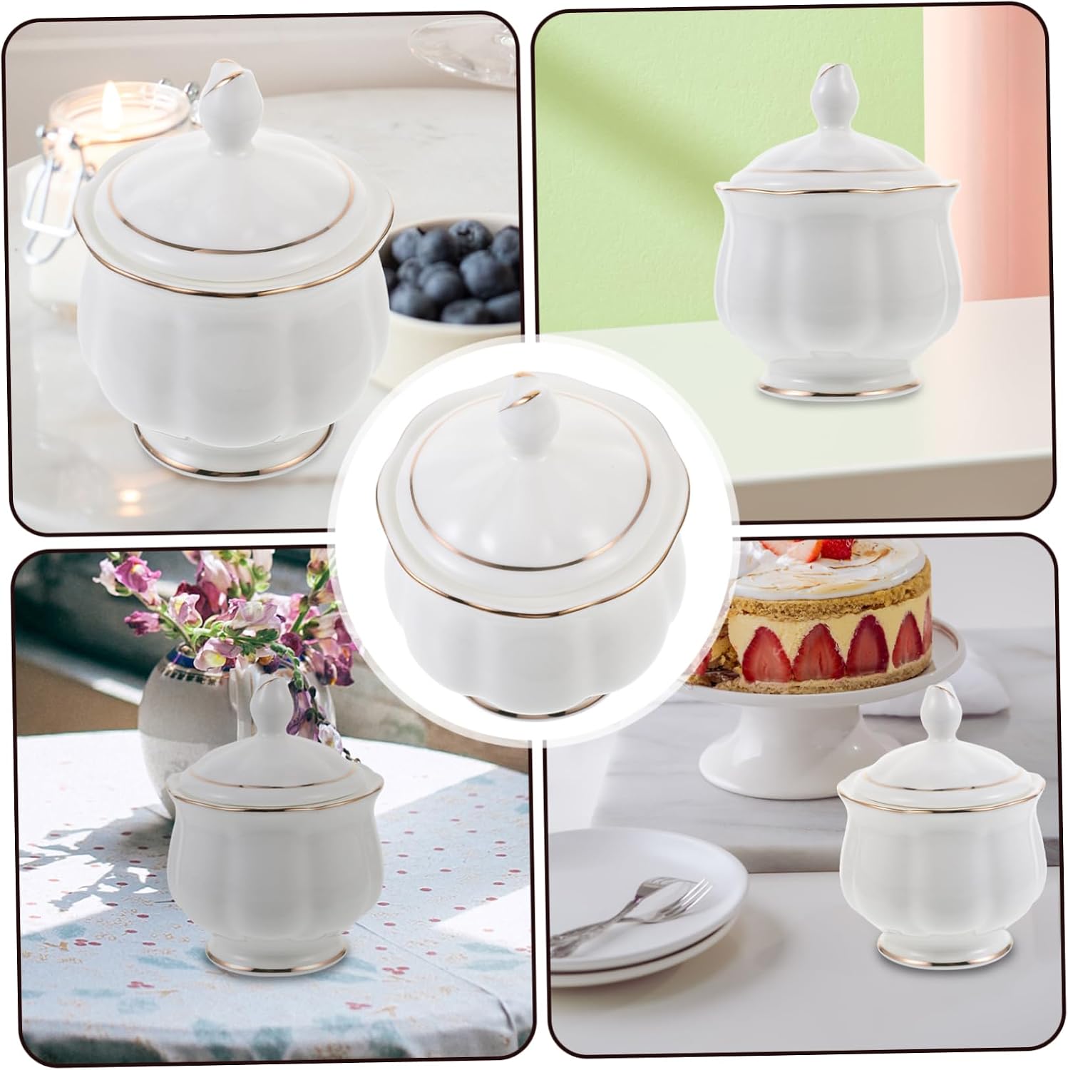 COLLBATH Elegant Ceramic Sugar Bowl with Lid White Sugar Holder Home Commercial Use