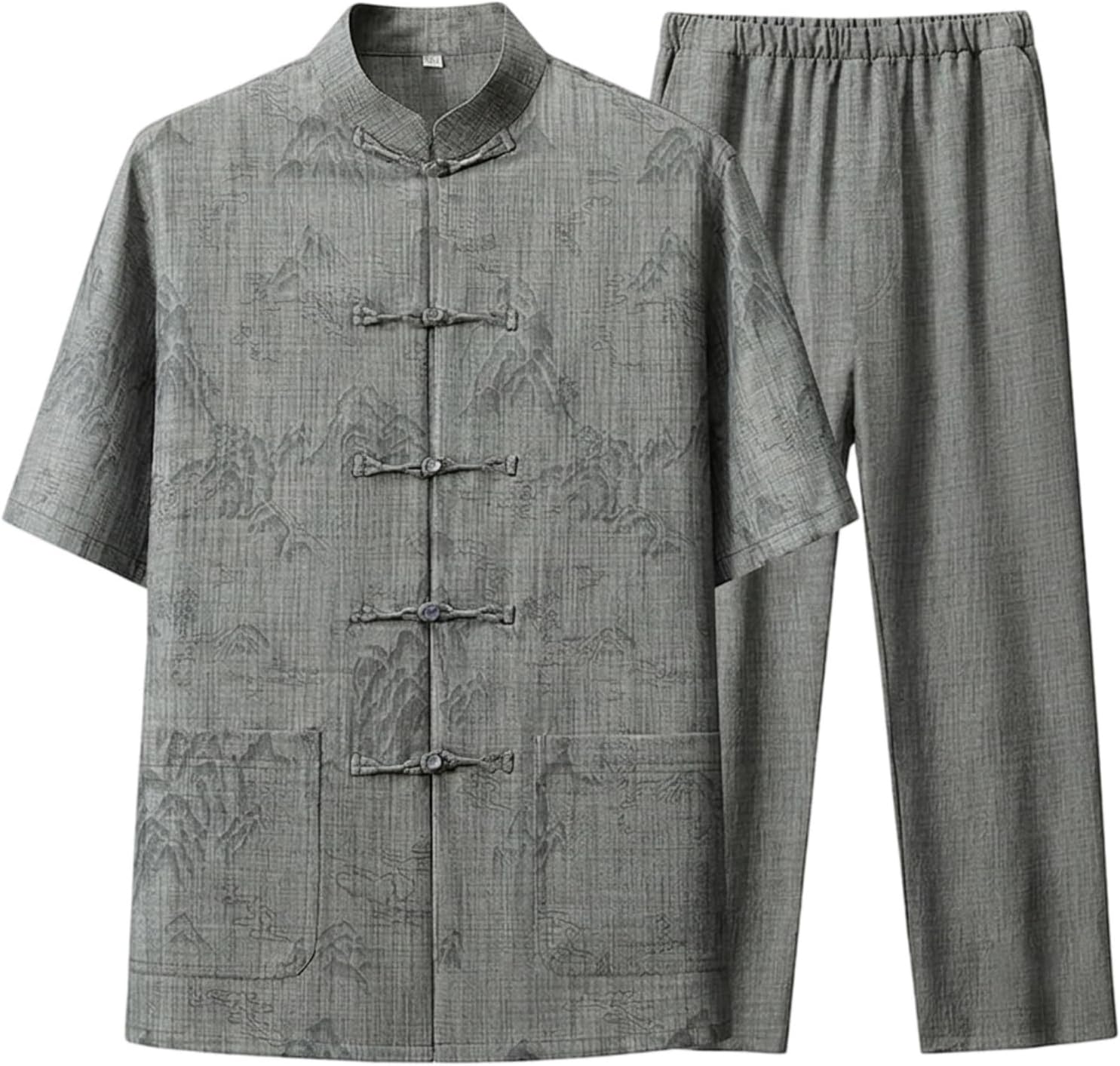 Men's Acetate Vintage Chinese Tang Suit Set Pocket Detail Top and Pants Casual 2 Piece Outfit