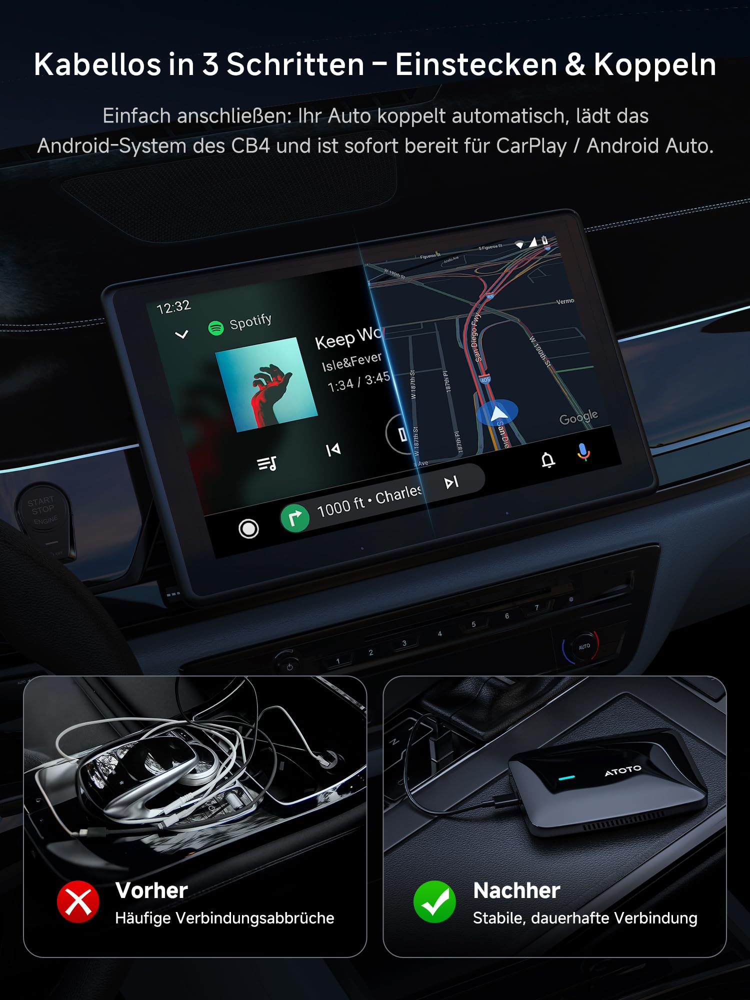 Carplay Wireless Adapter, AI Box für YouTube/Netflix mit Drivechat AI | Doppel-WIFI, Bluetooth-Schloss, Unterstützung für drahtlose Carplay / Android Auto