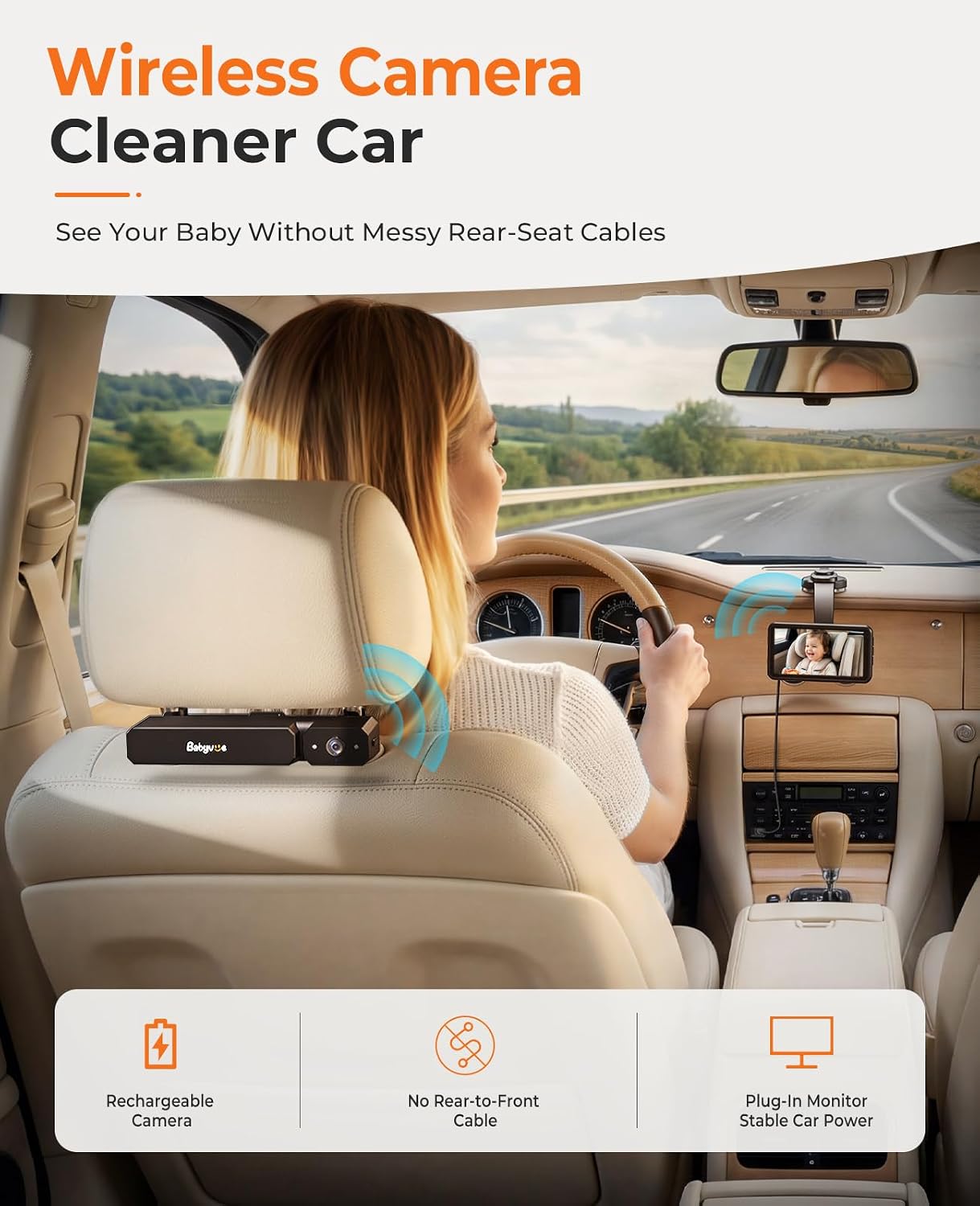 Wireless Baby Car Camera, Babyvue BV6 1080P HD Baby Car Monitor with Suction Cup Mount, 5.2″ IPS Screen, Auto IR Night Vision, 3X Zoom, Easy Setup Car Seat Camera for Rear-Facing Baby（Black）
