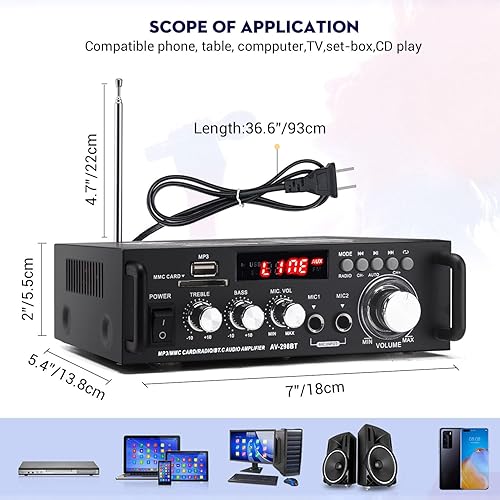 Miniatura 7 de Amplificador de audio estéreo AV-298BT, amplificador de potencia inalámbrico Bluetooth 5.0 de 2 canales, amplificador de potencia para cine en casa,