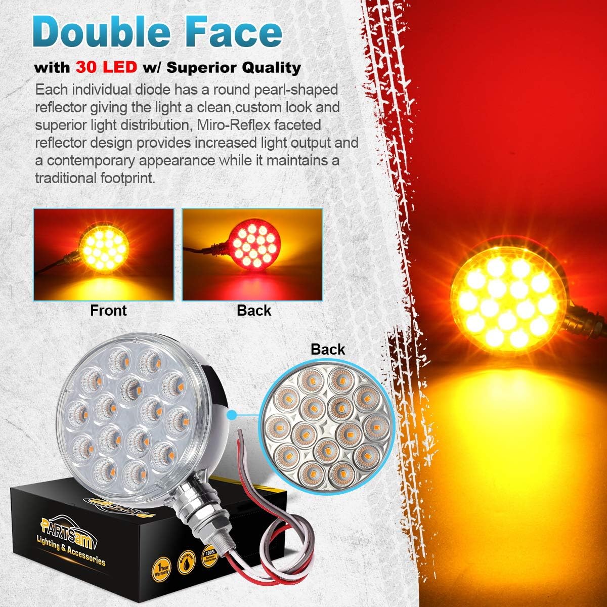 Partsam 2pc 3" Red/Amber Double Face Chrome Round Pedestal Lights 30 LED Sealed Clear Lens Fender Mount Stop Turn Tail Lights Replacement for Peterbilt/Kenworth/Freightliner Trucks Trailers