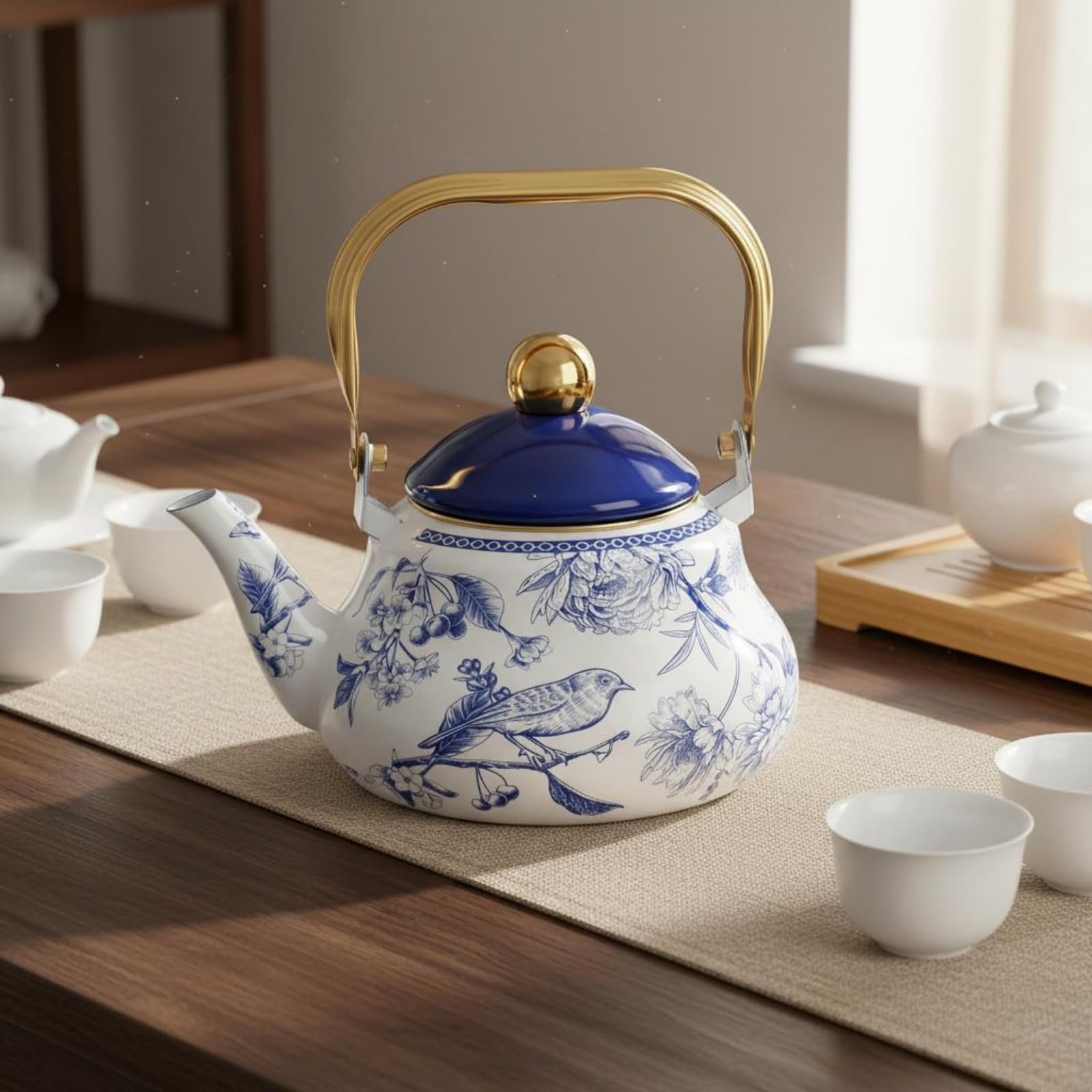 Emaillierte Teekanne leicht zu reinigen -weißer Teekanne leichte Reinigung Emaille- für Teestunde, Küche, 1.5L, Amerikanischer Retro-Stil, Kaffeemotive