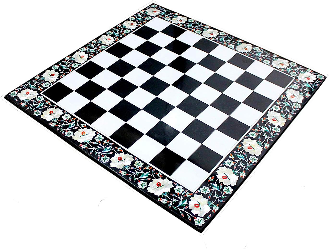 StonKraft Black Marble Chess Board with Floral Inlay Work - Coffee Table Centre Table Top Without Stand - Decorative Stone Chess - Home Décor - 24" Inches