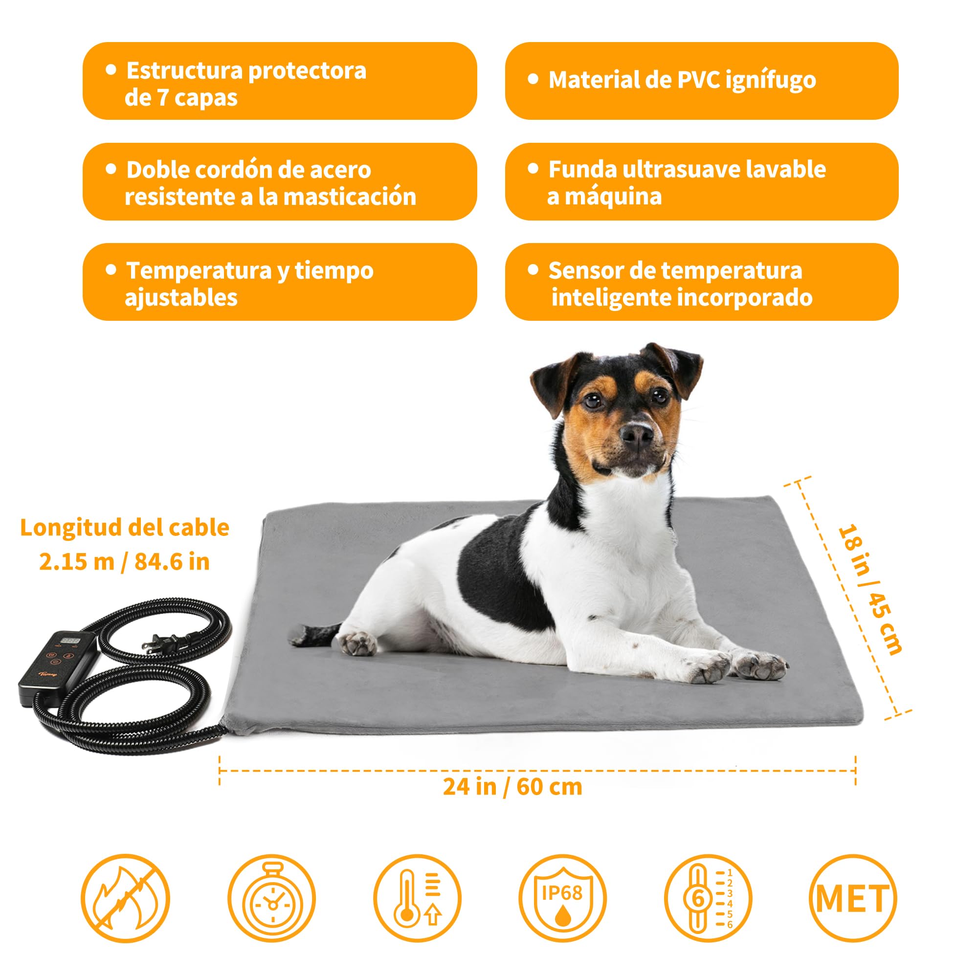 Toozey Manta Eléctrica para Perros y Gatos Interior, Ajustable Temporizador y Temperatrue Almohadilla Calefactora para Mascotas Gatos y Perros Recién Nacidos/Pequeños/Ancianos,Gris - M (60 * 45cm)