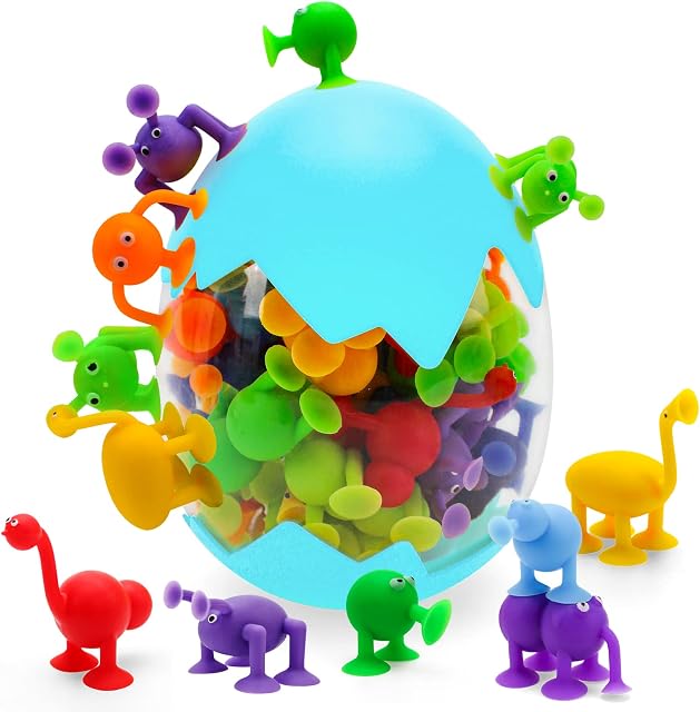 Suction Toys, 45 Pcs Kids Bath Toys Sensory Toys for 3 4 5 6 7 Year Old Boys Girls, Fidget Toys Stress Release Toys Sucker Toys Silicone Building Blocks with Dinosaur Eggshell Storage(Blue)