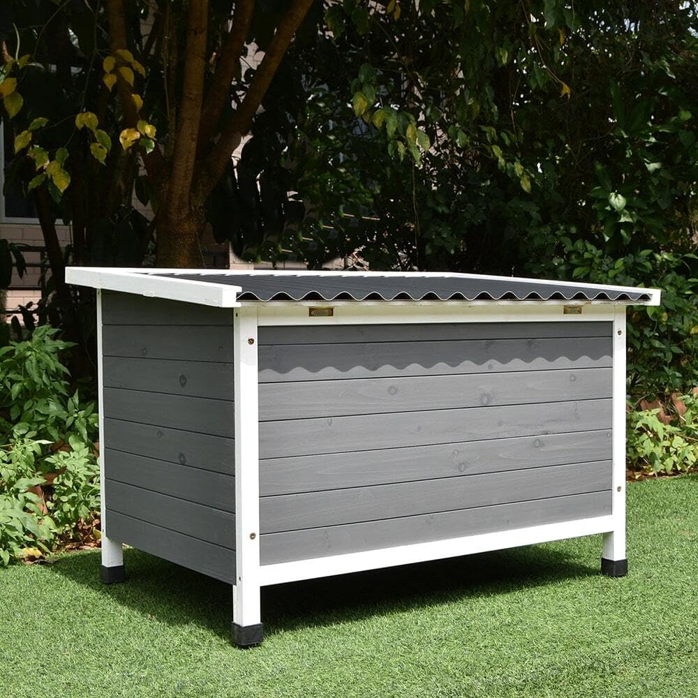 Animal Valley Niche à Chien Toit Plat, Taille L, Gris/Blanc | Bois et plastique, 116 x 82 x 79 cm, pour chiens moyens et grands